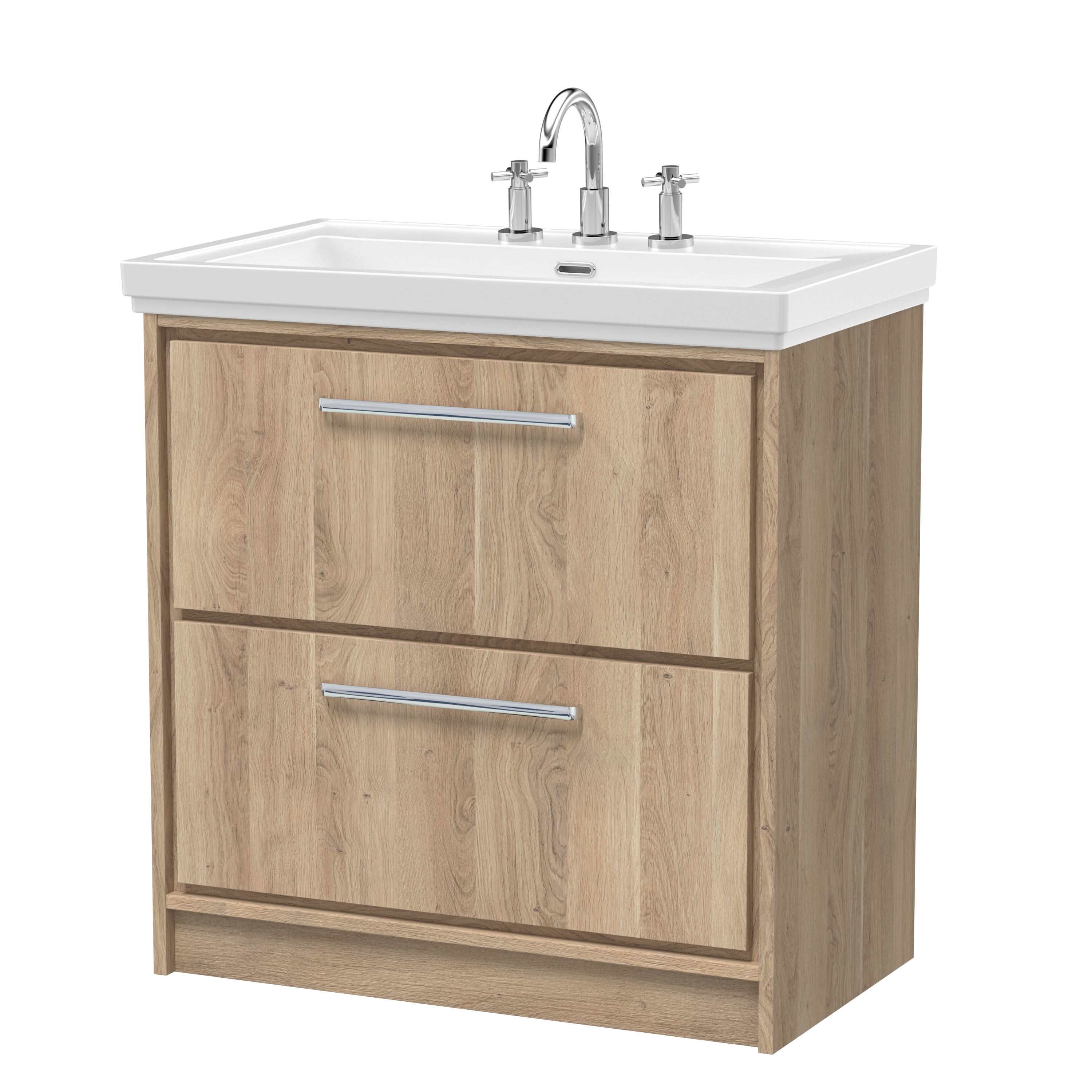Hudson Reed Lille Floor Standing Vanity Unit with 3 Tap Hole Basin, Modern Sink Vanity Unit with Drawers for Bathroom, Fully Assembled in Bleached Oak, 800mm