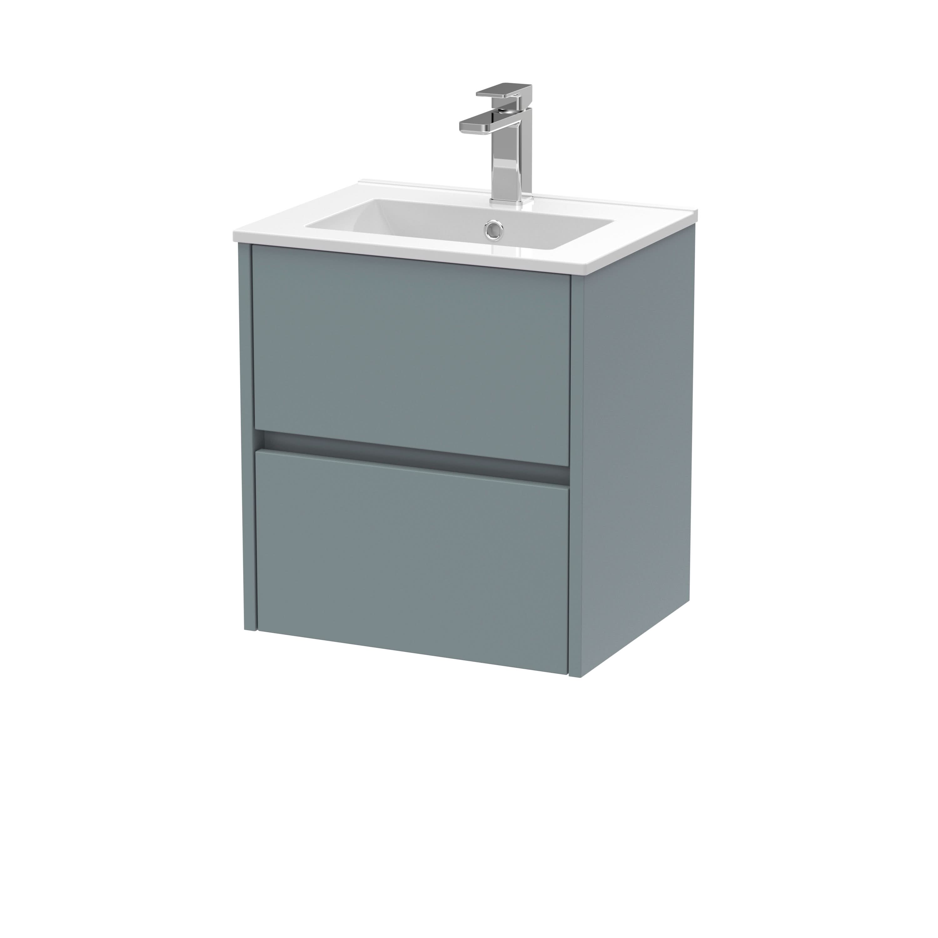 Nuie Havana Wall Hung 2 Drawer Vanity Basin Unit &  Minimalist Ceramic Basin, Modern Sink Vanity Unit in Coastal Grey with White Basin, 500mm