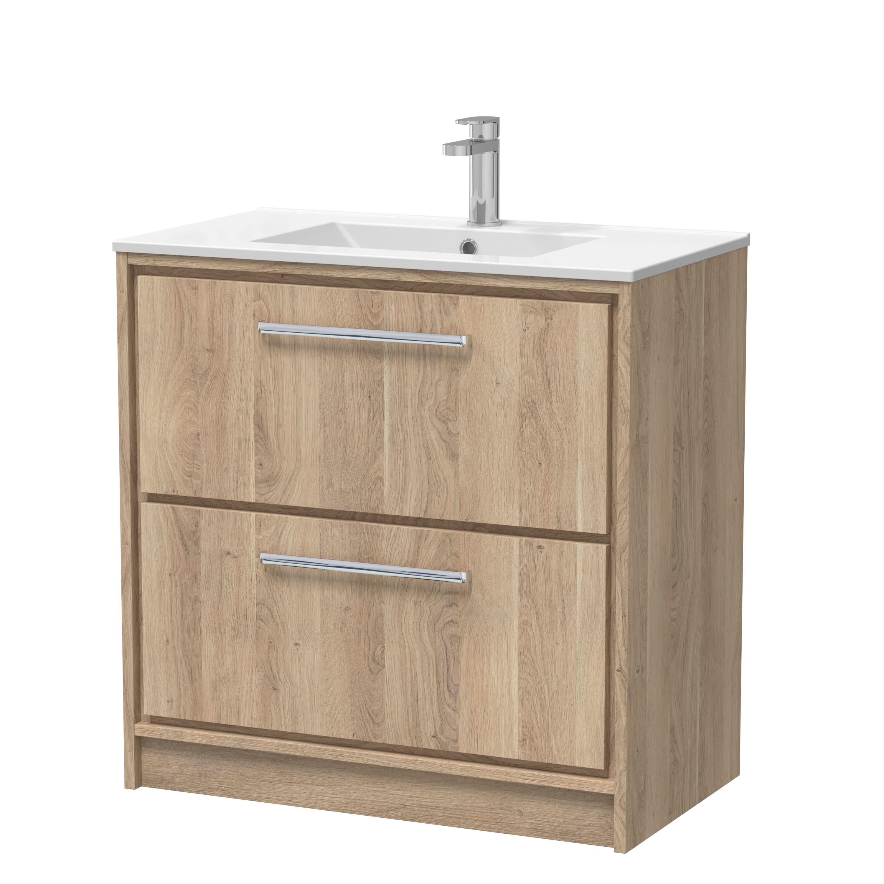 Hudson Reed Lille Floor Standing Vanity Unit with 2 Soft Close Drawers & 1 Tap Hole Basin, Bathroom Vanity Unit with Basin for Modern Bathrooms in Bleached Oak, 800mm