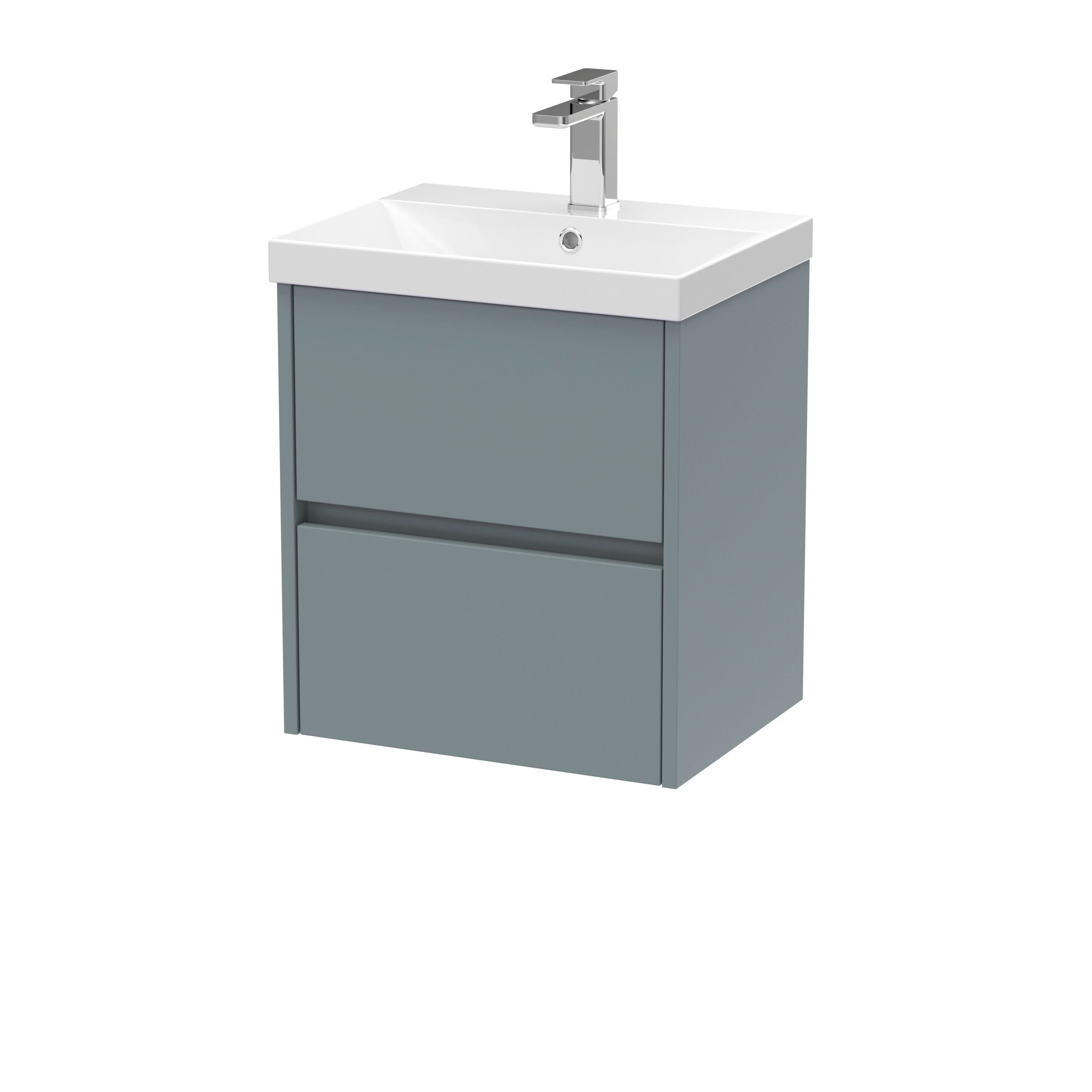 Nuie Havana Wall Hung 2 Drawer Vanity Basin Unit & Thin-Edge Ceramic Basin, Modern Sink Vanity Unit in Coastal Grey with White Basin, 500mm