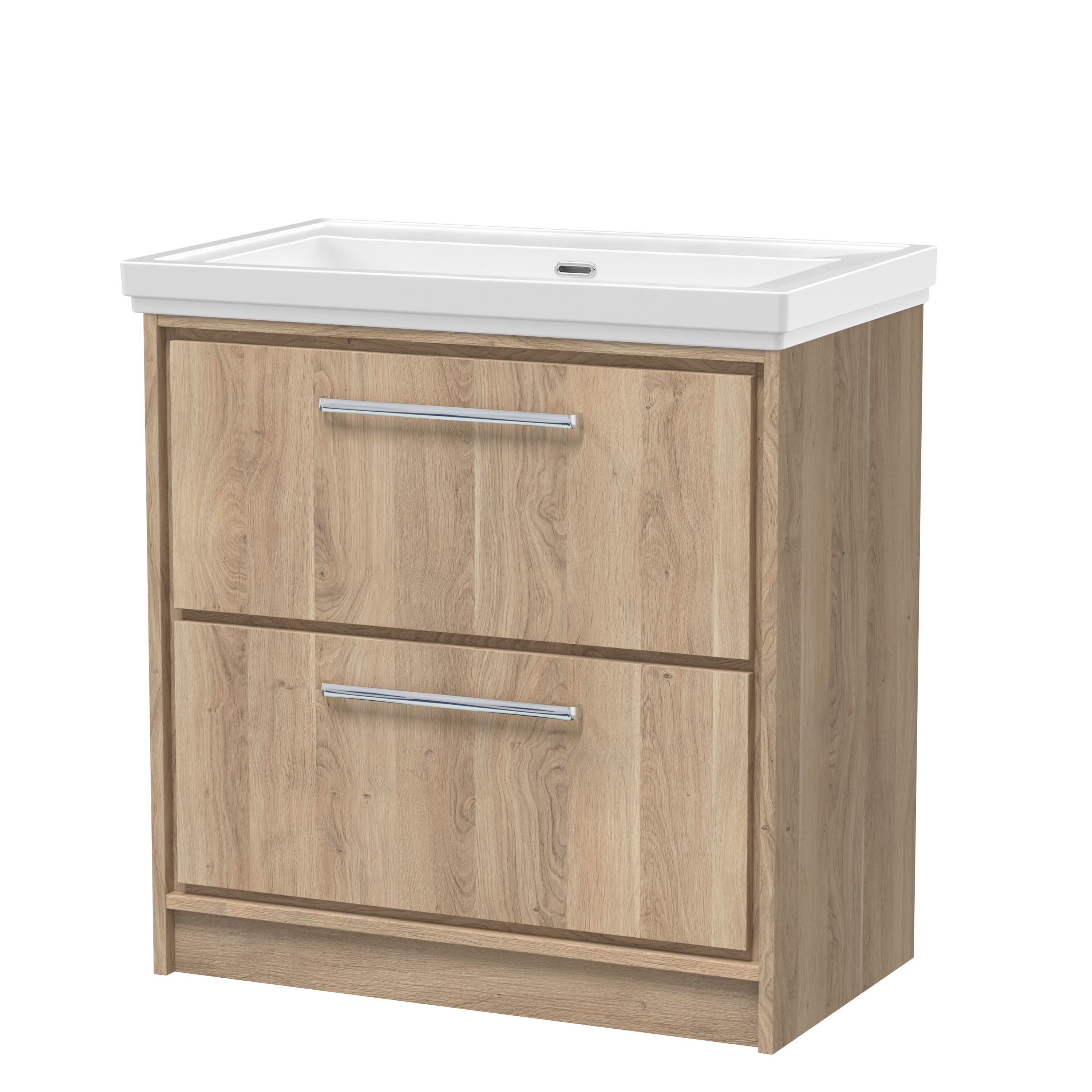 Hudson Reed Lille Floor Standing Vanity Unit with Fireclay Basin, 2 Soft-Close Drawers, Modern Sink Vanity Unit for Bathrooms in Bleached Oak Finish, 800mm