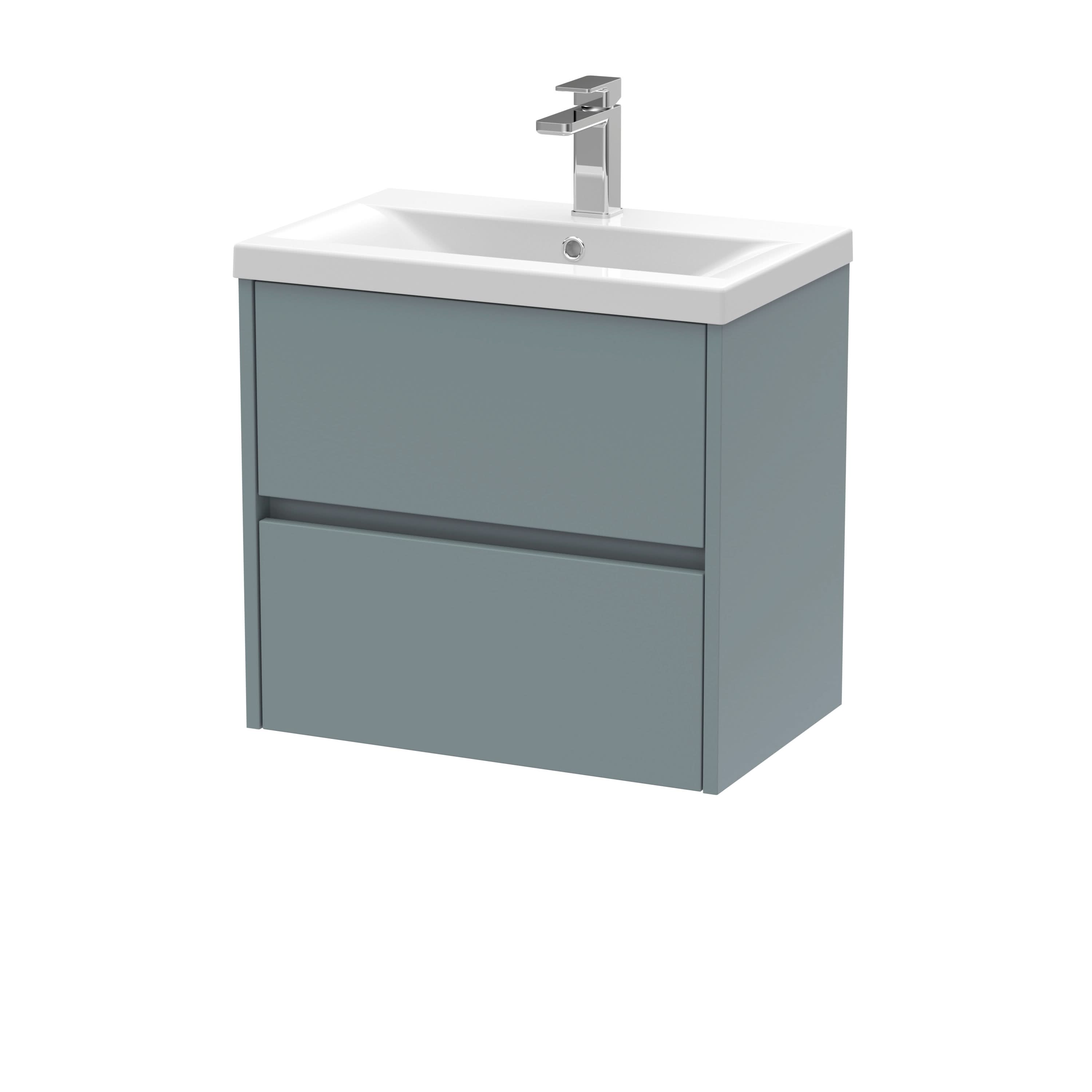 Nuie Havana Wall Hung 2 Drawer Vanity Basin Unit & Mid-Edge Ceramic Basin, Modern Sink Vanity Unit in Coastal Grey with White Basin, 600mm