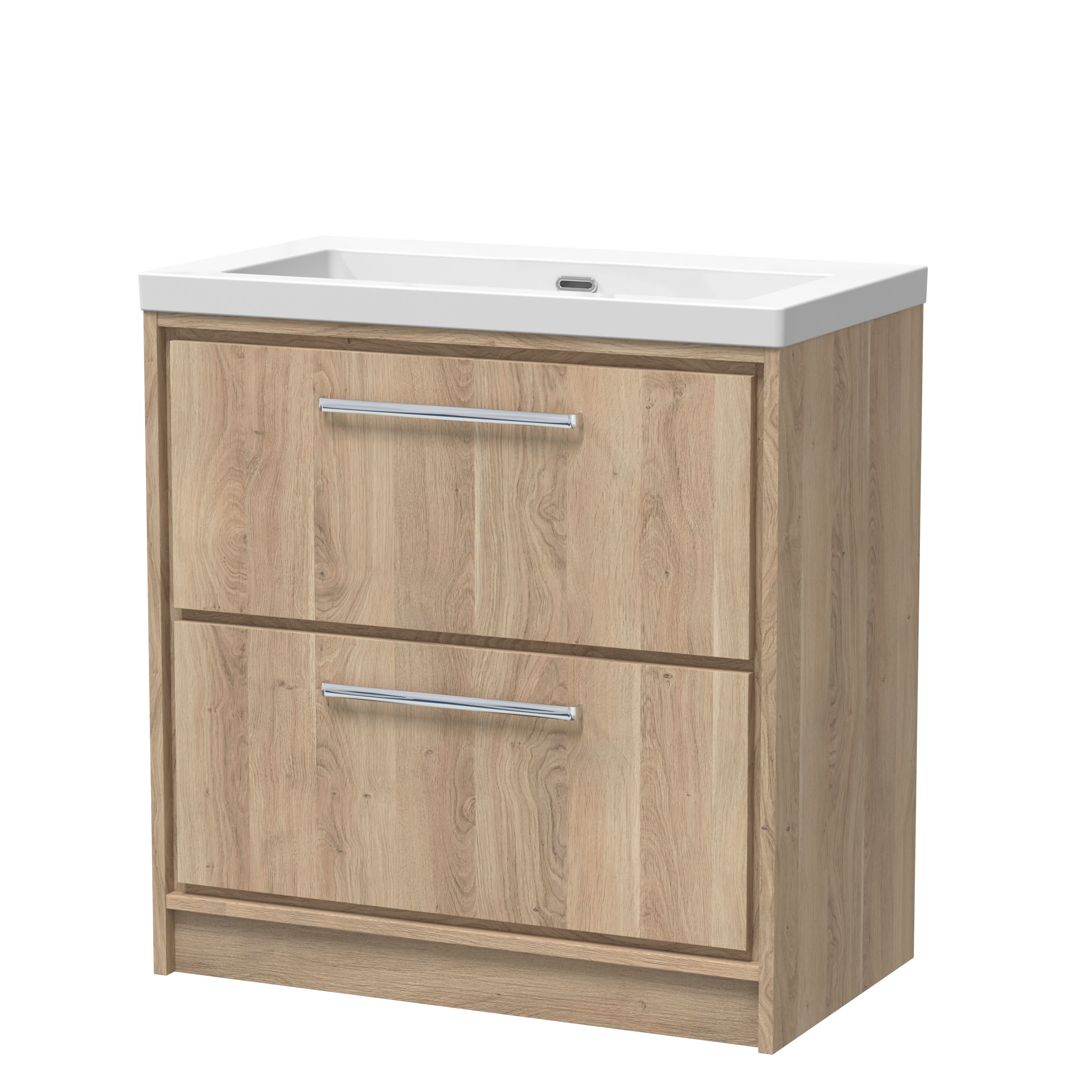 Hudson Reed Lille Floor Standing Vanity Unit with Fireclay Basin, 2 Soft-Close Drawers, Durable Sink Vanity Unit for Modern Bathrooms in Bleached Oak, 800mm