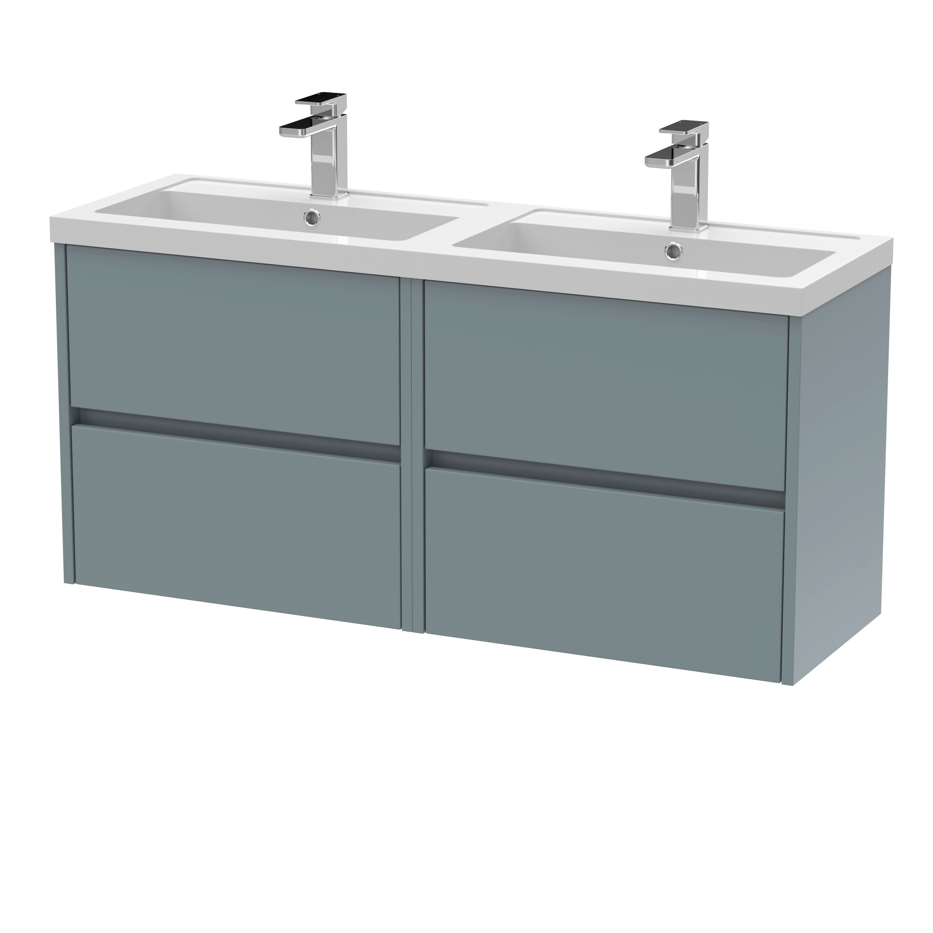 Nuie Havana Wall Hung 4 Drawer Vanity Basin Unit & Double Polymarble Basin, Modern Sink Vanity Unit in Coastal Grey with White Basin, 1200mm