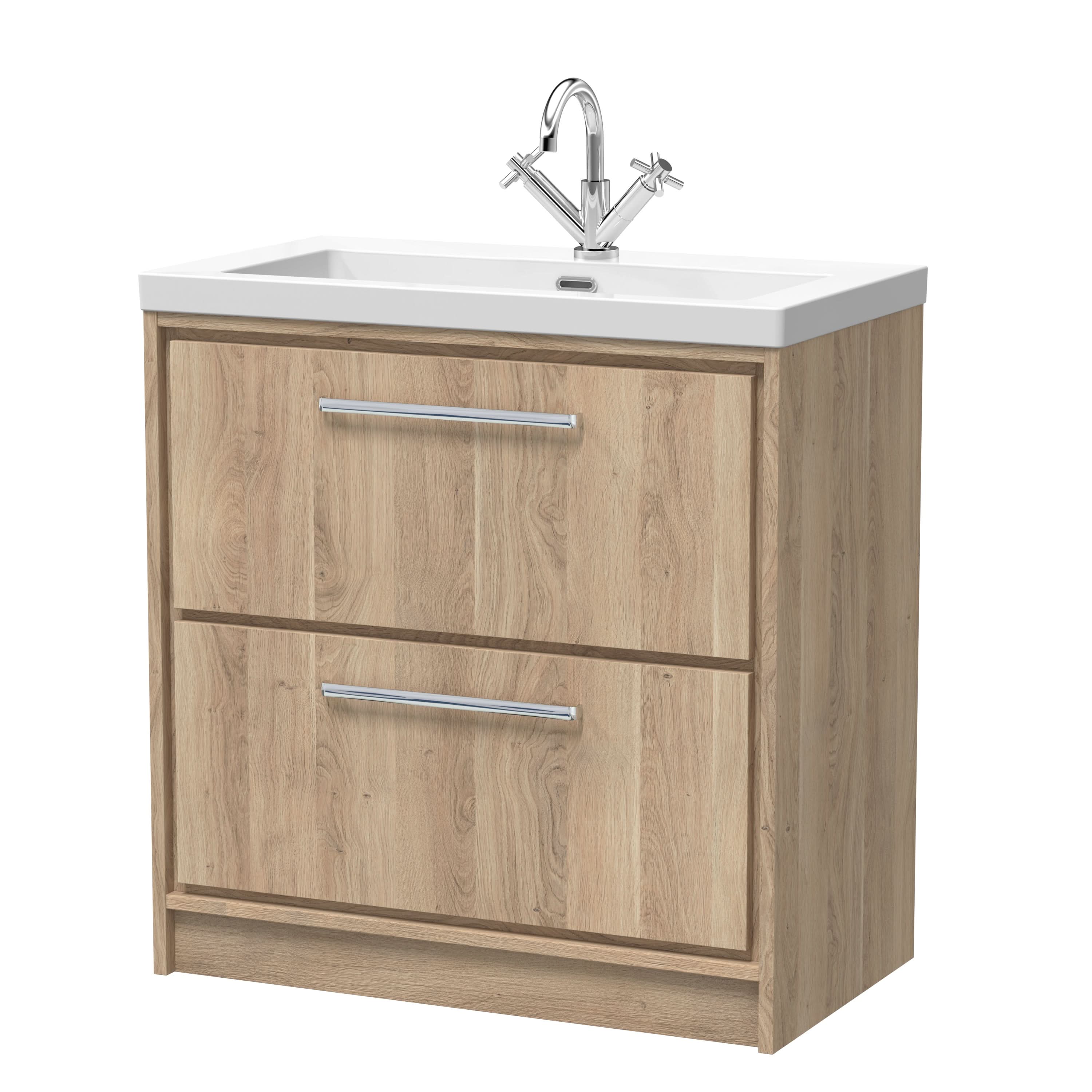 Hudson Reed Lille Floor Standing Vanity Unit with Basin 1 Tap Hole, 2 Soft-Close Drawers, Sink Vanity Unit for Stylish Modern Bathrooms in Bleached Oak, 800mm