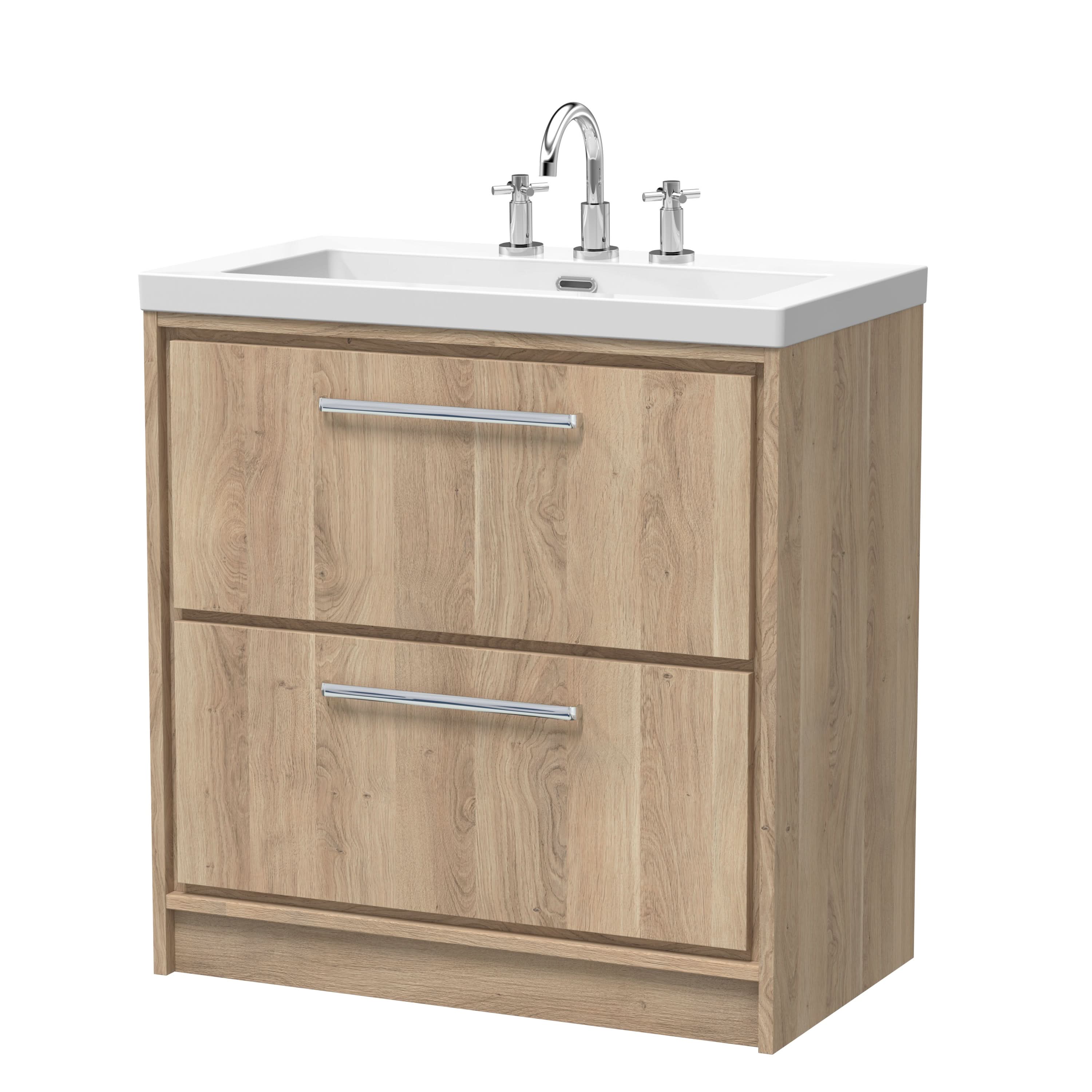 Hudson Reed Lille Floor Standing Vanity Unit with Basin, 3 Tap Hole, Modern Sink Vanity Unit with Drawers for Bathroom Storage and Style in Bleached Oak, 800mm