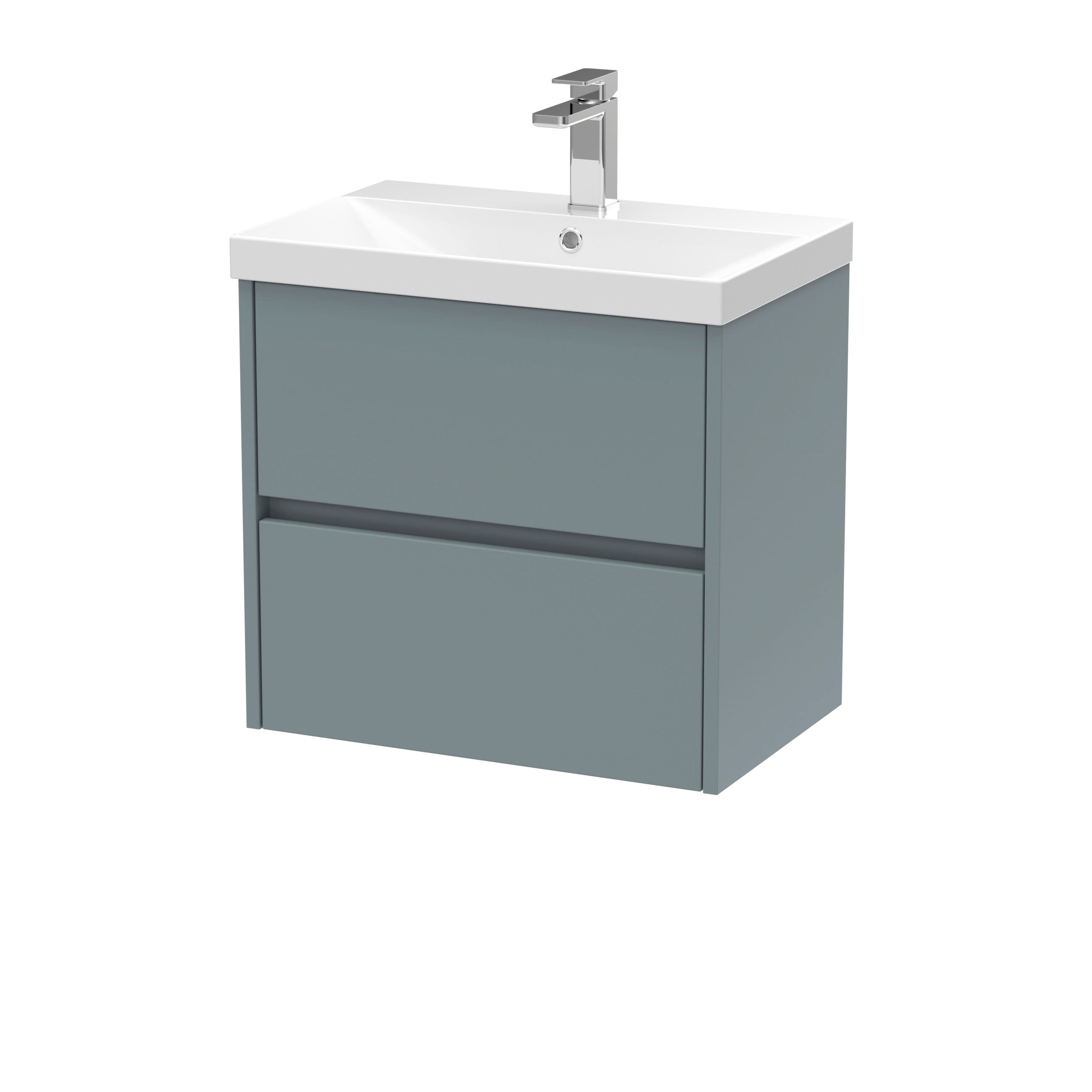 Nuie Havana Wall Hung 2 Drawer Vanity Basin Unit & Thin-Edge Ceramic Basin, Modern Sink Vanity Unit in Coastal Grey with White Basin, 600mm