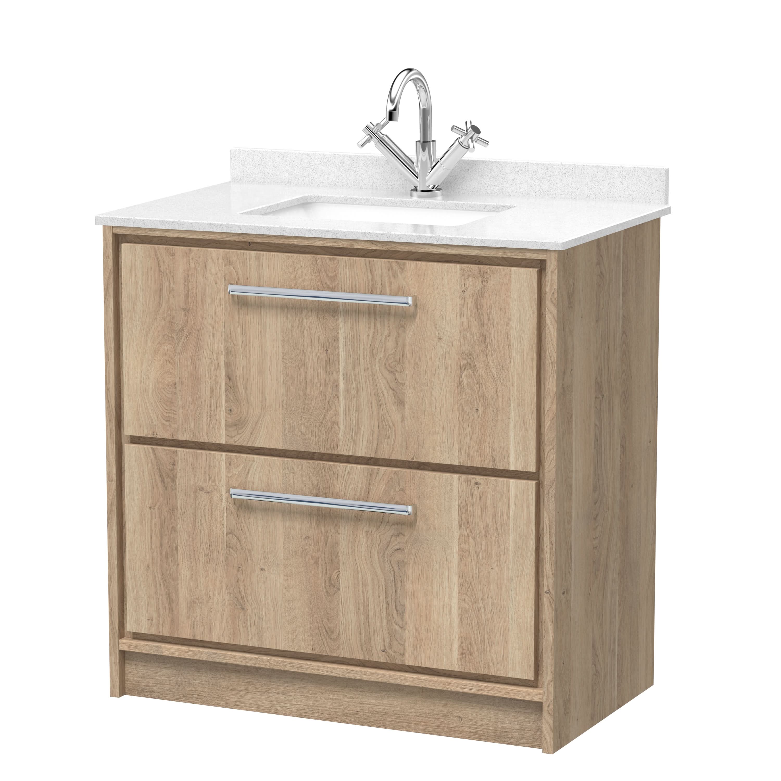 Hudson Reed Lille Floor Standing Vanity Unit with Marble Worktop Basin, Vanity Unit with Basin, Bathroom Vanity Units, Soft Close Drawers in Bleached Oak, 800mm