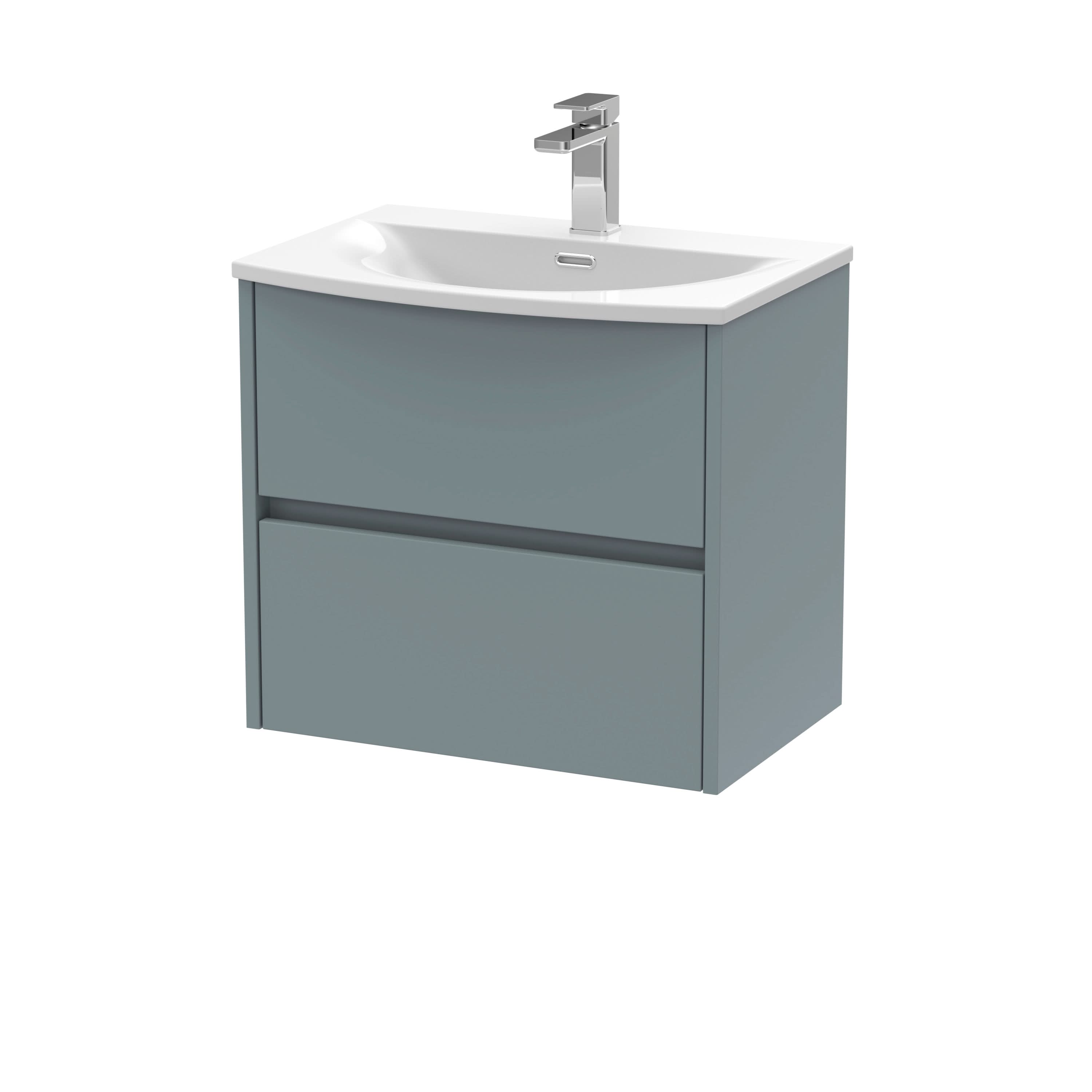 Nuie Havana Wall Hung 2 Drawer Vanity Basin Unit & Curved Ceramic Basin, Modern Sink Vanity Unit in Coastal Grey with White Basin, 600mm