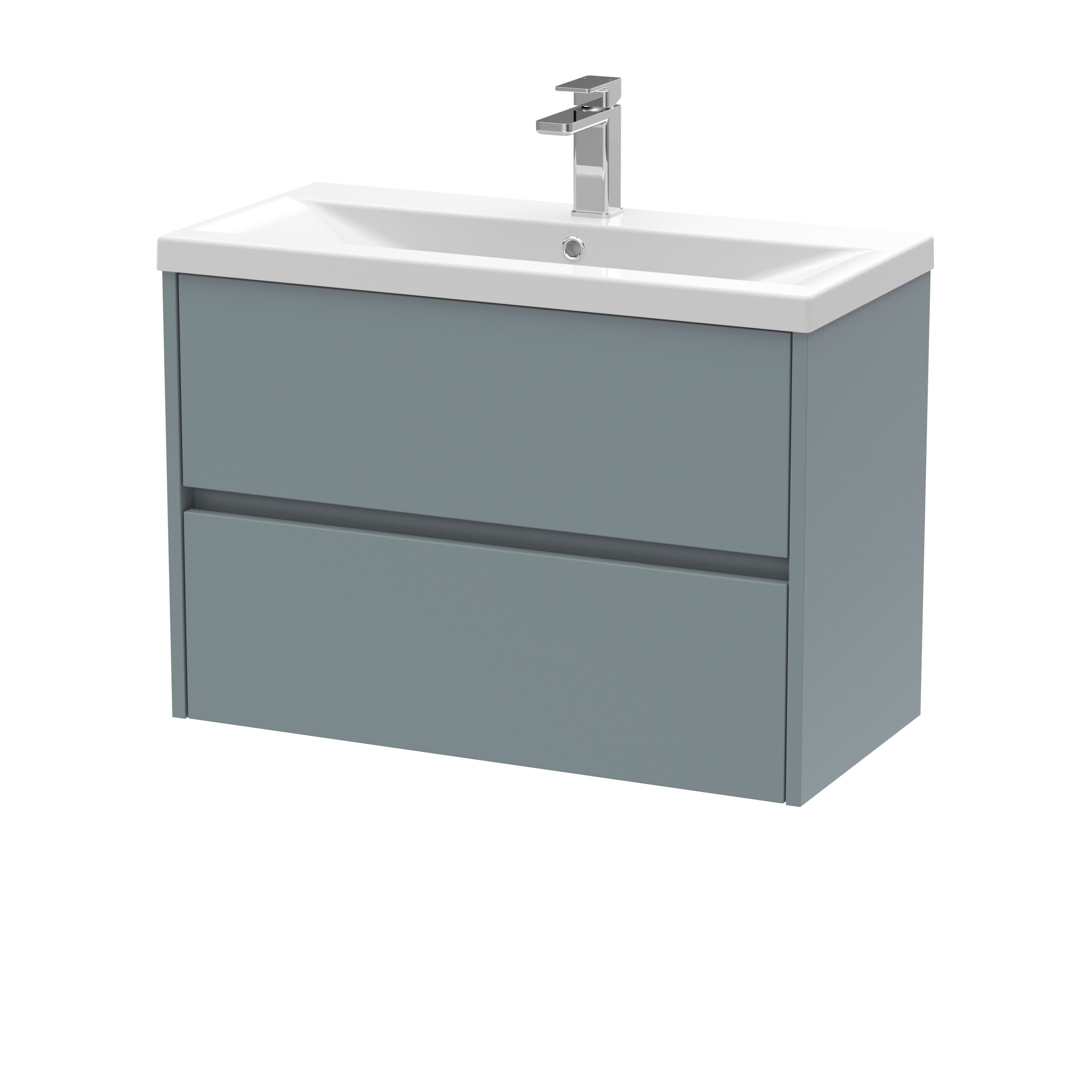 Nuie Havana Wall Hung 2 Drawer Vanity Basin Unit & Mid-Edge Ceramic Basin, Modern Sink Vanity Unit in Coastal Grey with White Basin, 800mm