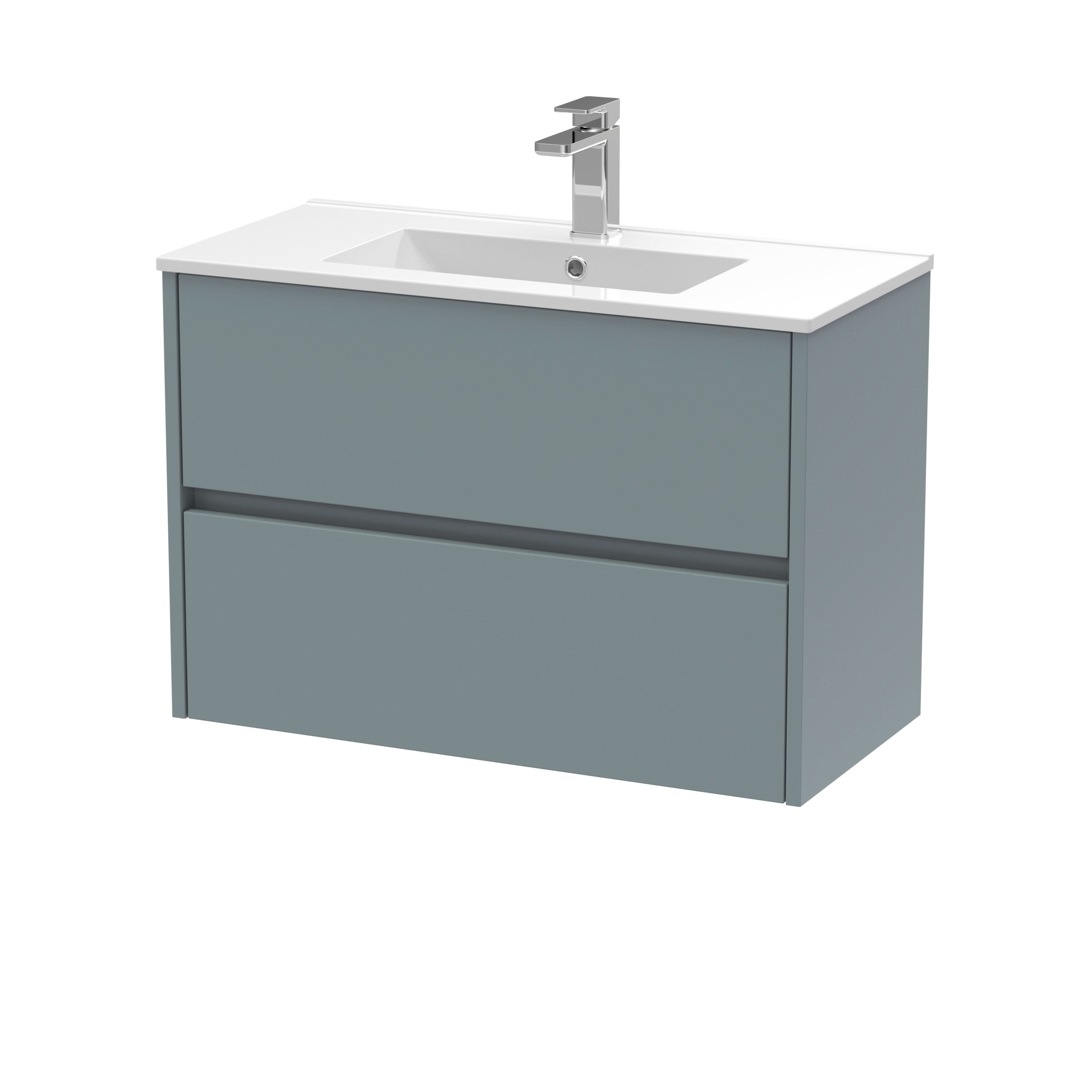 Nuie Havana Wall Hung 2 Drawer Vanity Basin Unit & Minimalist Ceramic Basin, Modern Sink Vanity Unit in Coastal Grey with White Basin, 800mm