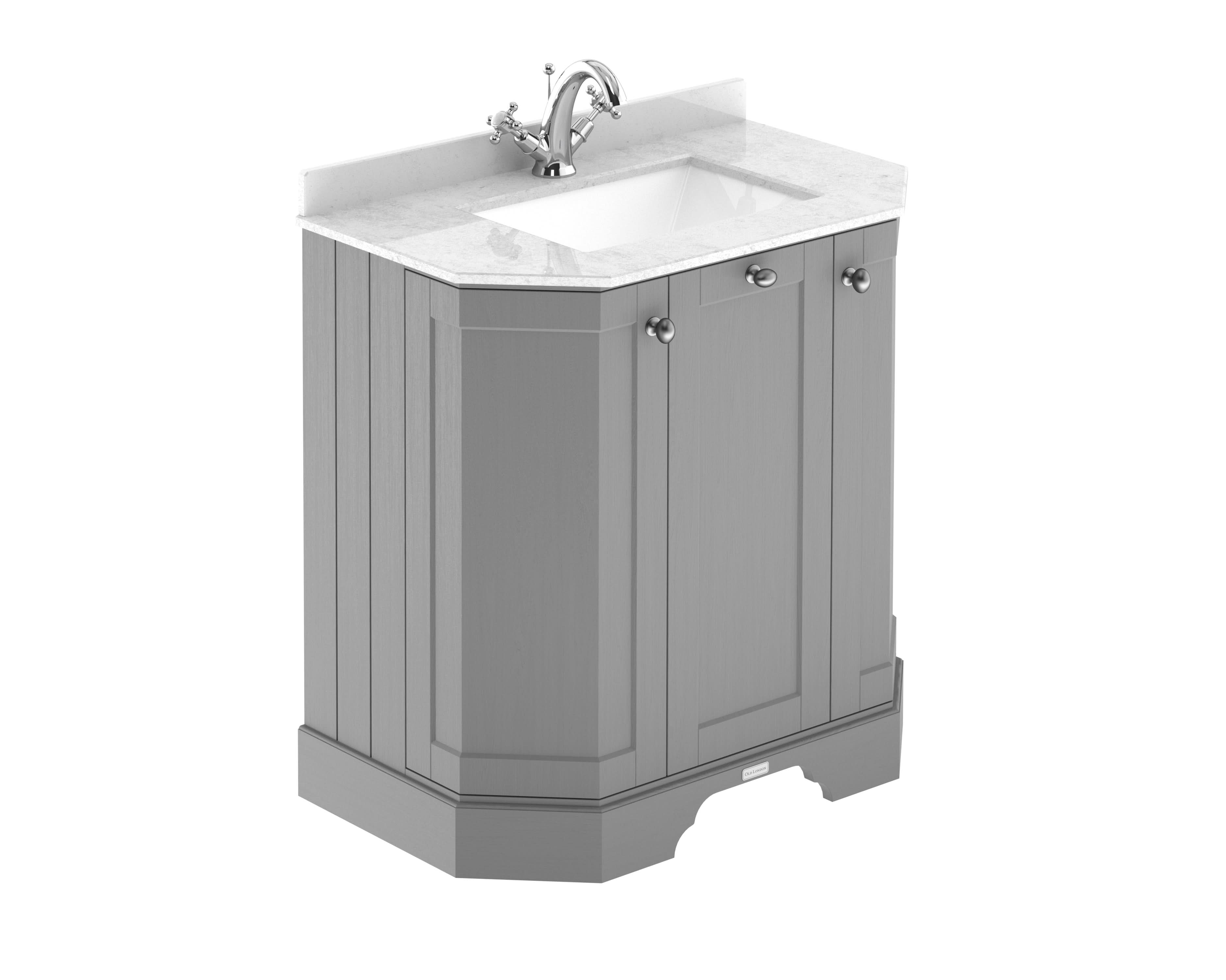 Old London Floor Standing 3 Door Vanity Unit with 1 Tap Hole White Marble Top, Traditional Bathroom Vanity Unit with Basin & Soft Close Doors in Storm Grey Finish, 750mm