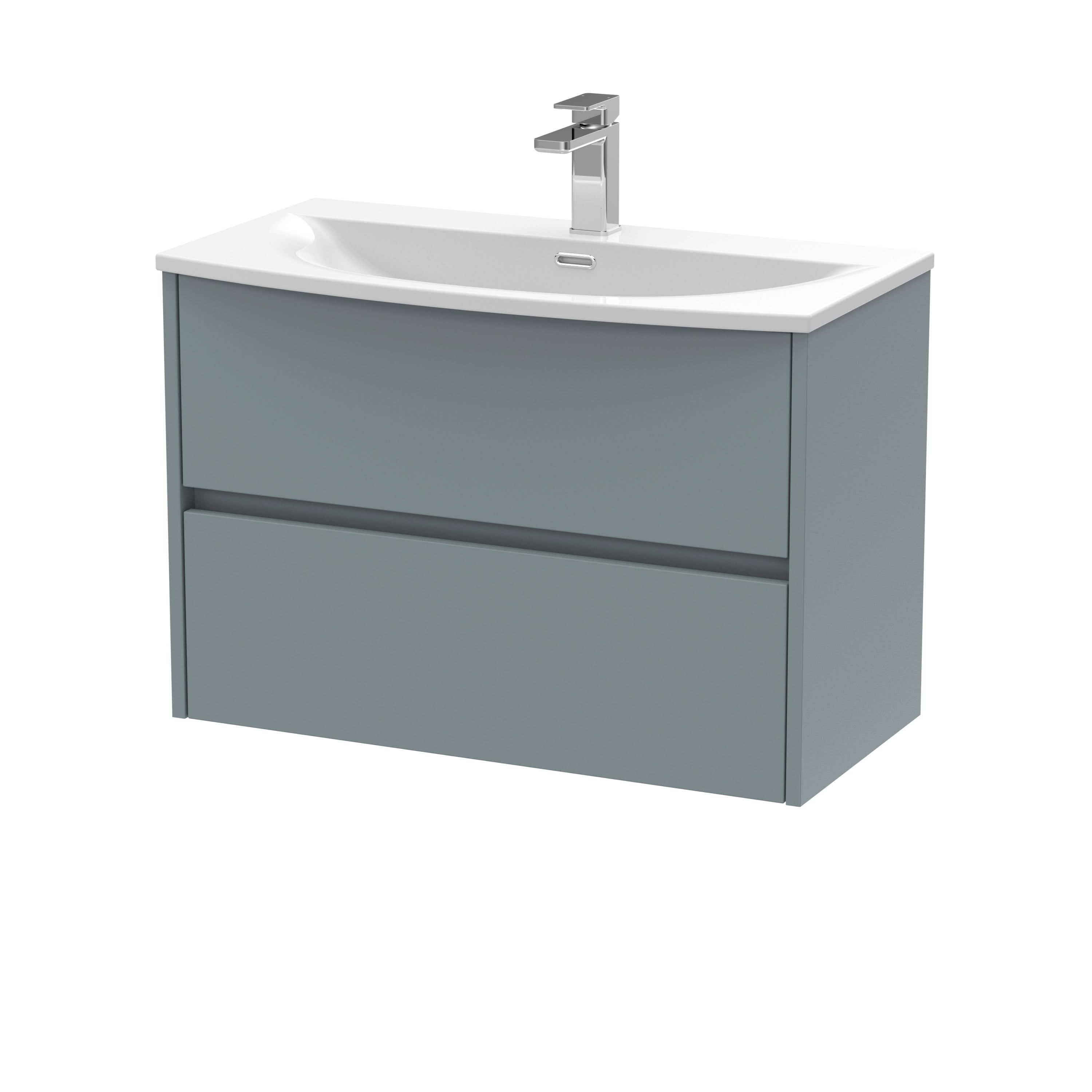 Nuie Havana Wall Hung 2 Drawer Vanity Basin Unit & Curved Ceramic Basin, Modern Sink Vanity Unit in Coastal Grey with White Basin, 800mm
