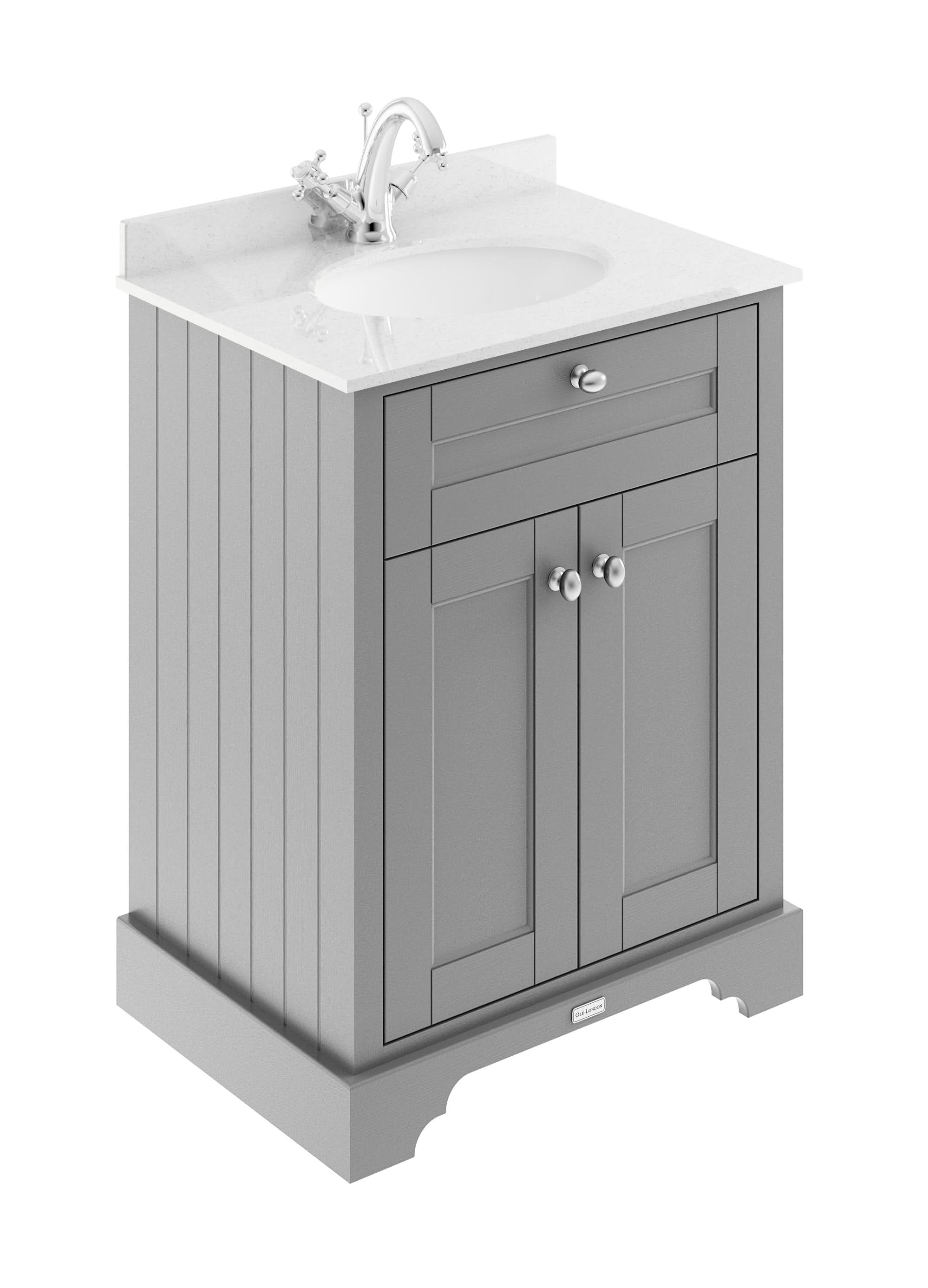 Old London Floor Standing Vanity Unit with White Marble Basin Top, Traditional 2 Door Sink Vanity Unit for Bathroom, Soft Close and Pre-Assembled in Storm Grey, 600mm