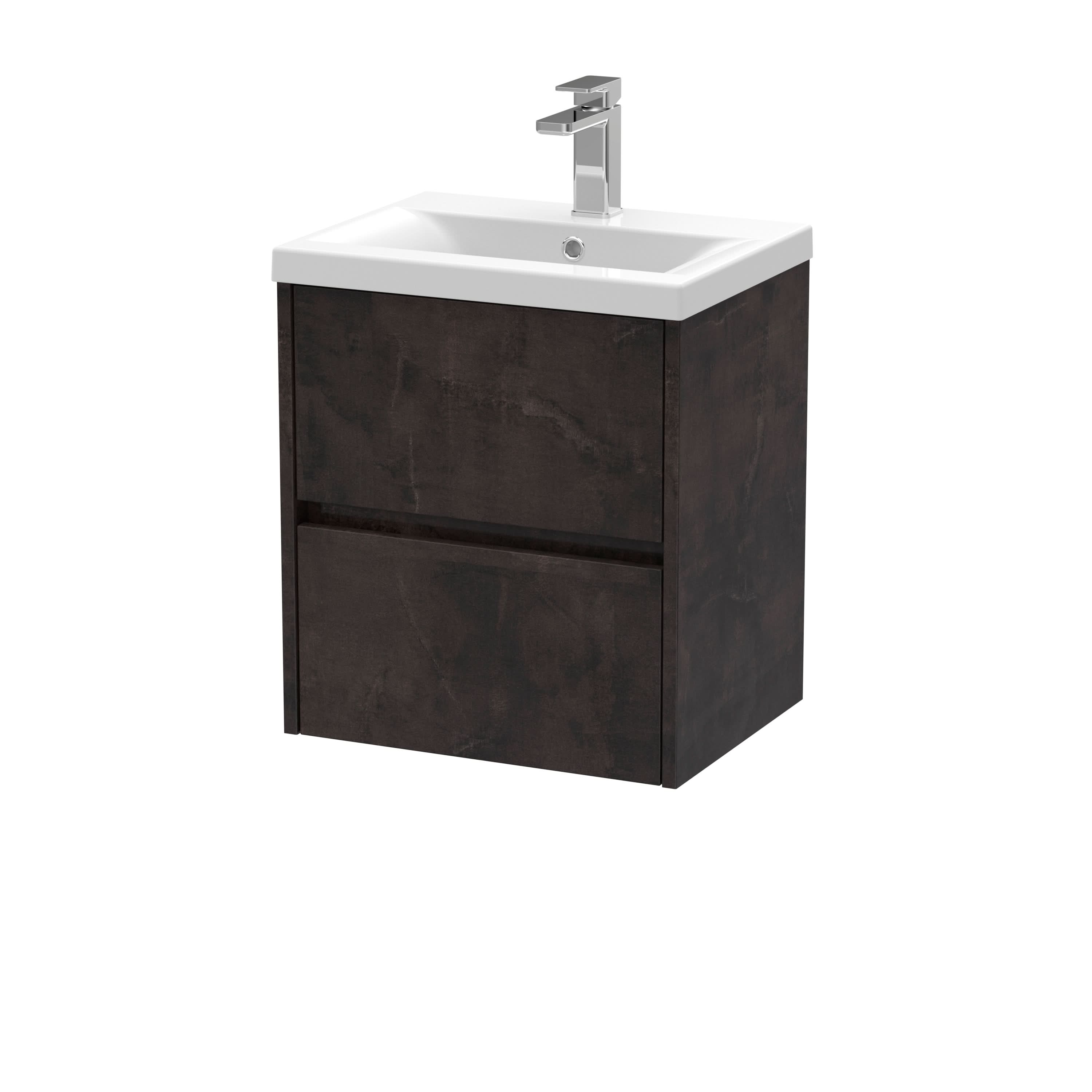 Nuie Havana Wall Hung 2 Drawer Vanity Basin Unit & Mid-Edge Ceramic Basin, Modern Sink Vanity Unit in Metallic Slate with White Basin, 500mm