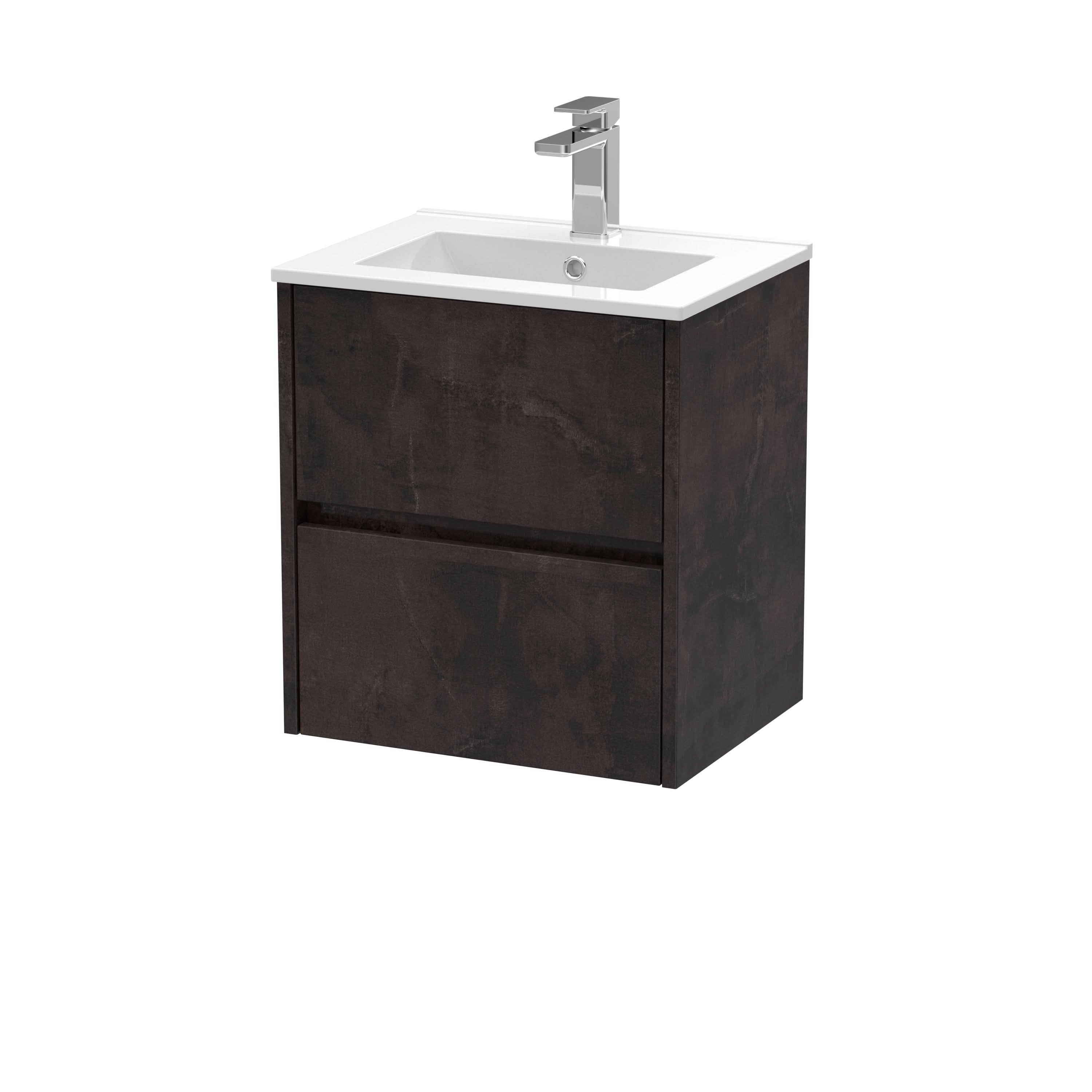 Nuie Havana Wall Hung 2 Drawer Vanity Basin Unit & Minimalist Ceramic Basin, Modern Sink Vanity Unit in Metallic Slate with White Basin, 500mm