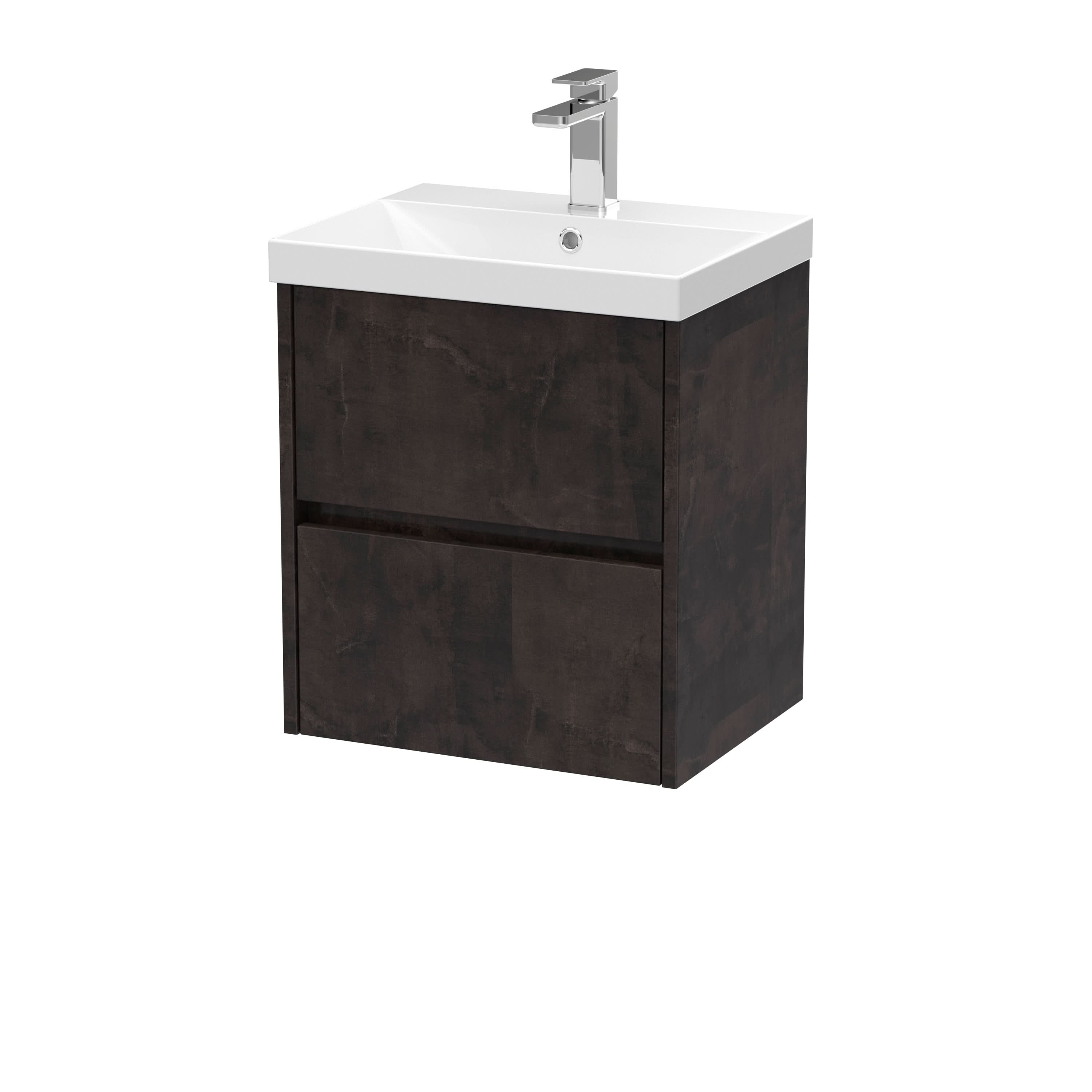 Nuie Havana Wall Hung 2 Drawer Vanity Basin Unit & Thin-Edge Ceramic Basin, Modern Sink Vanity Unit in Metallic Slate with White Basin, 500mm