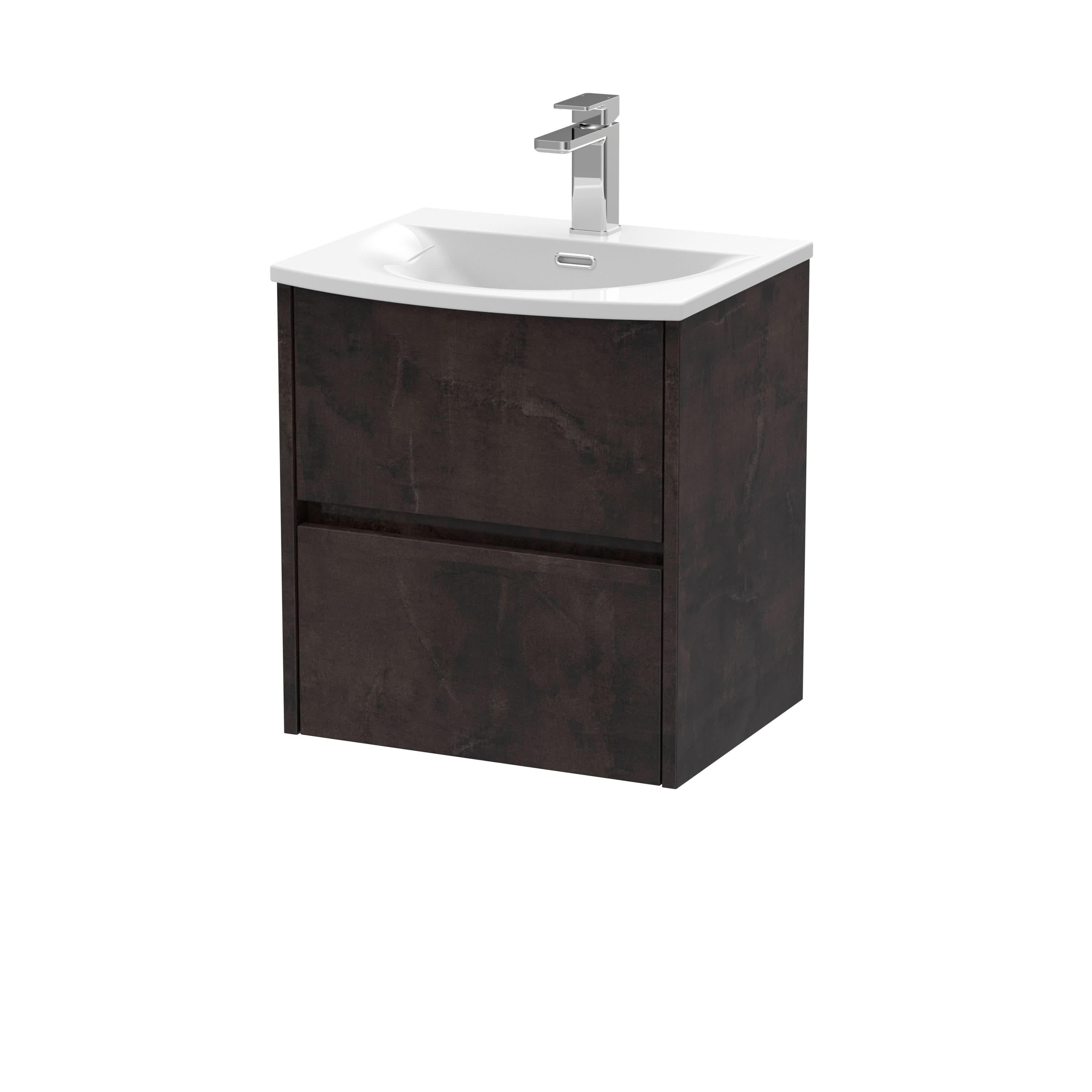 Nuie Havana Wall Hung 2 Drawer Vanity Basin Unit & Curved Ceramic Basin, Modern Sink Vanity Unit in Metallic Slate with White Basin, 500mm