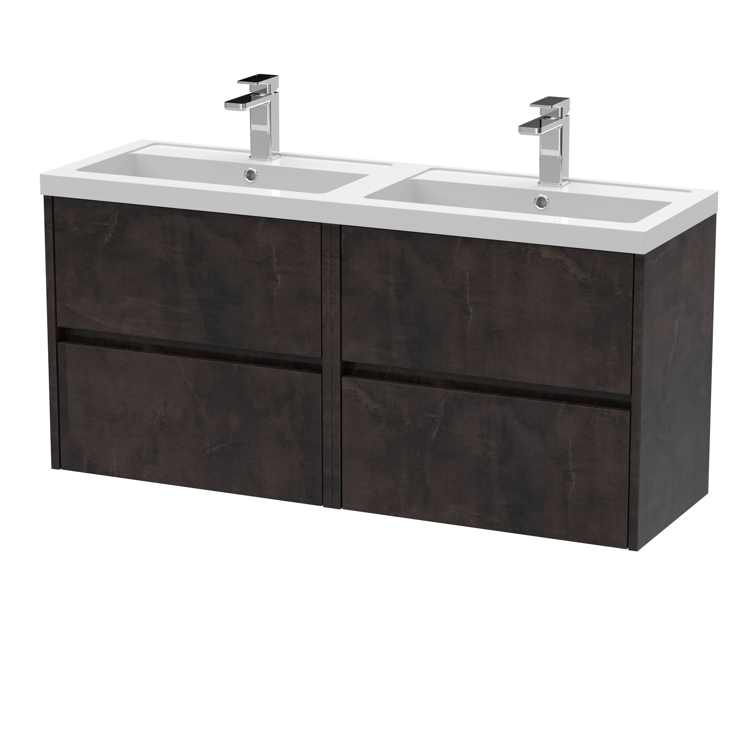Nuie Havana Wall Hung 4 Drawer Vanity Basin Unit & Double Polymarble Basin, Modern Sink Vanity Unit in Metallic Slate with White Basin, 1200mm