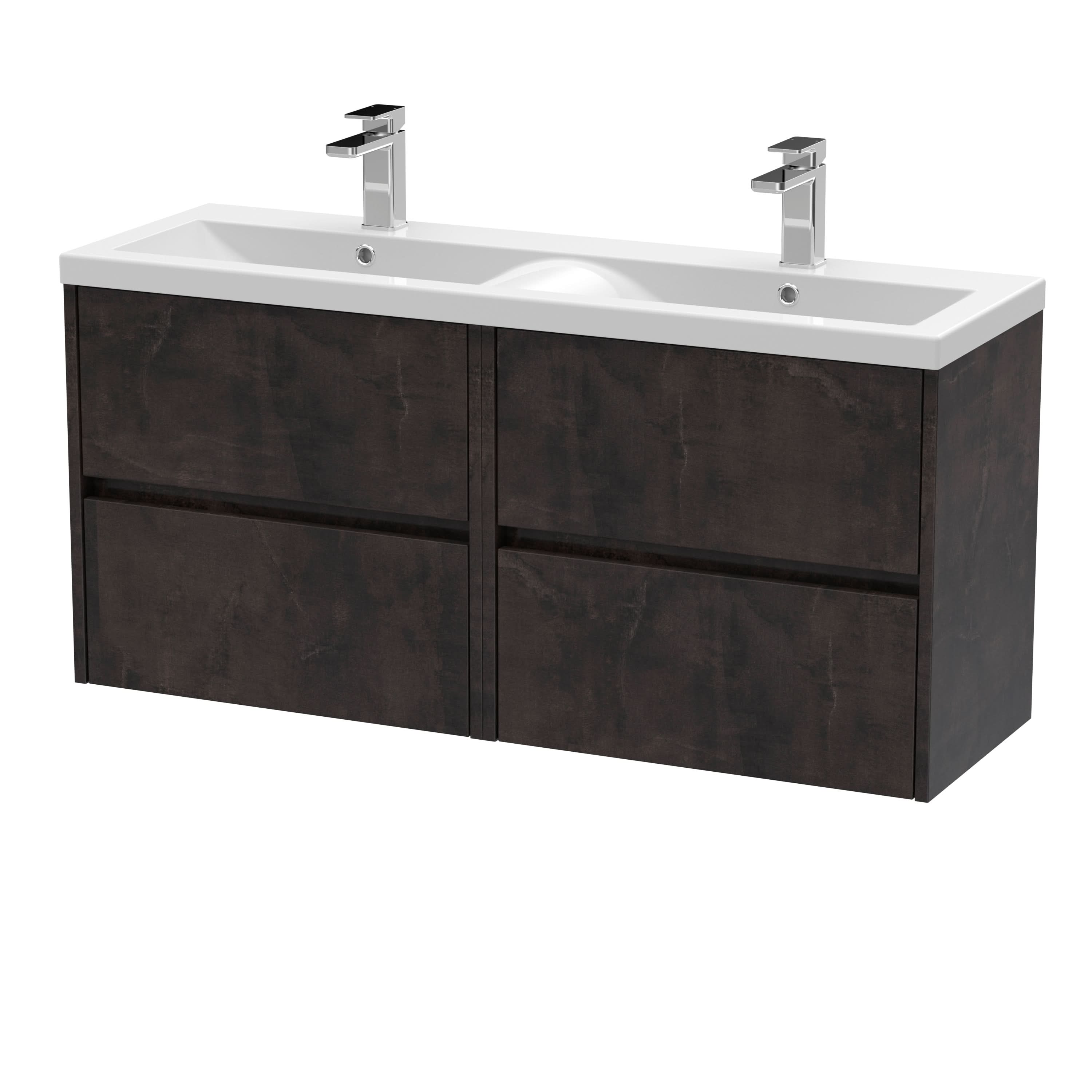 Nuie Havana Wall Hung 4 Drawer Vanity Basin Unit & Double Ceramic Basin, Modern Sink Vanity Unit in Metallic Slate with White Basin, 1200mm