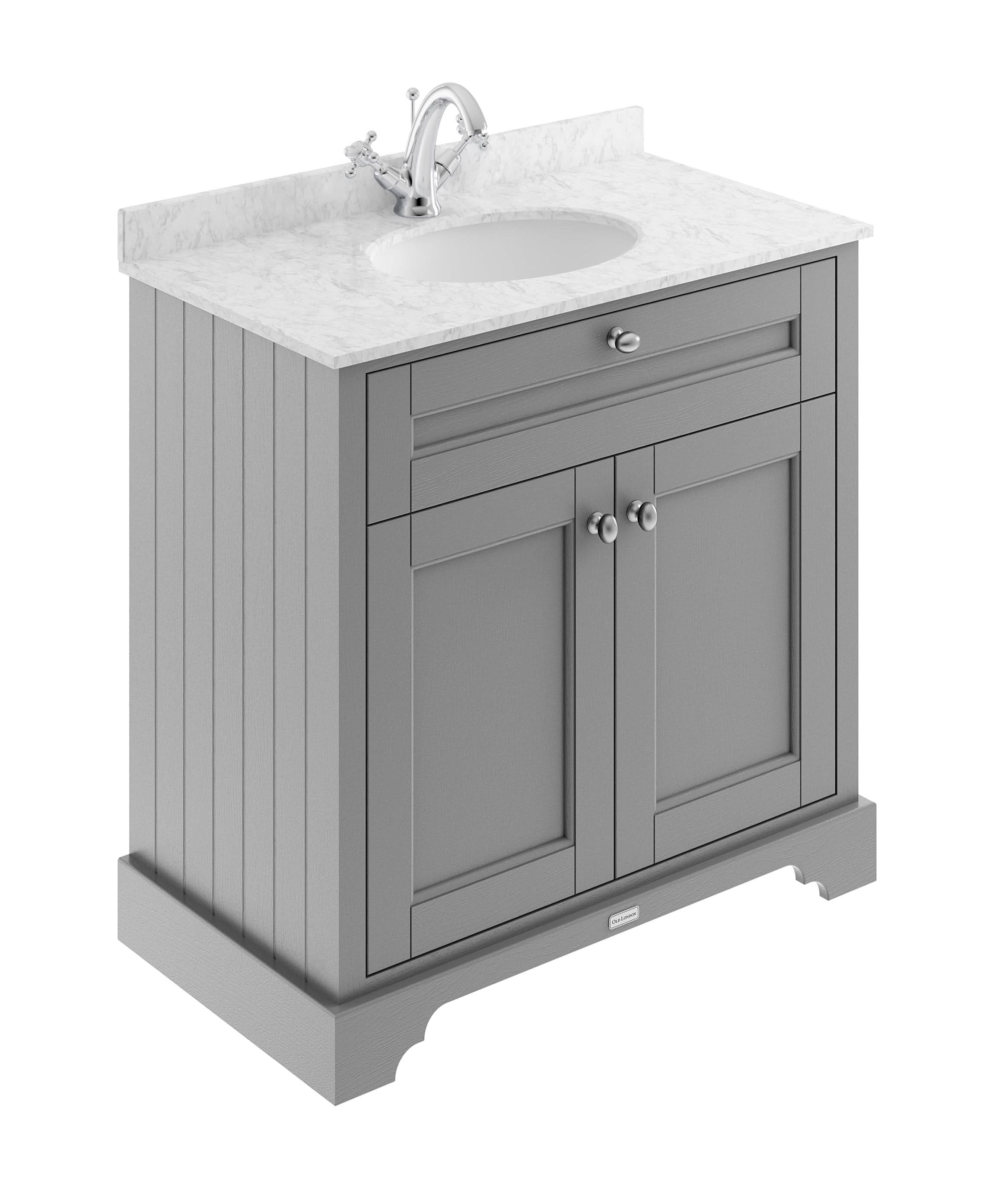 Old London Floor Standing Vanity Unit with Grey Marble Top Sink Vanity Unit with Basin, MDF Cabinet Soft Close Doors Traditional Bathroom Vanity Unit in Storm Grey, 800mm