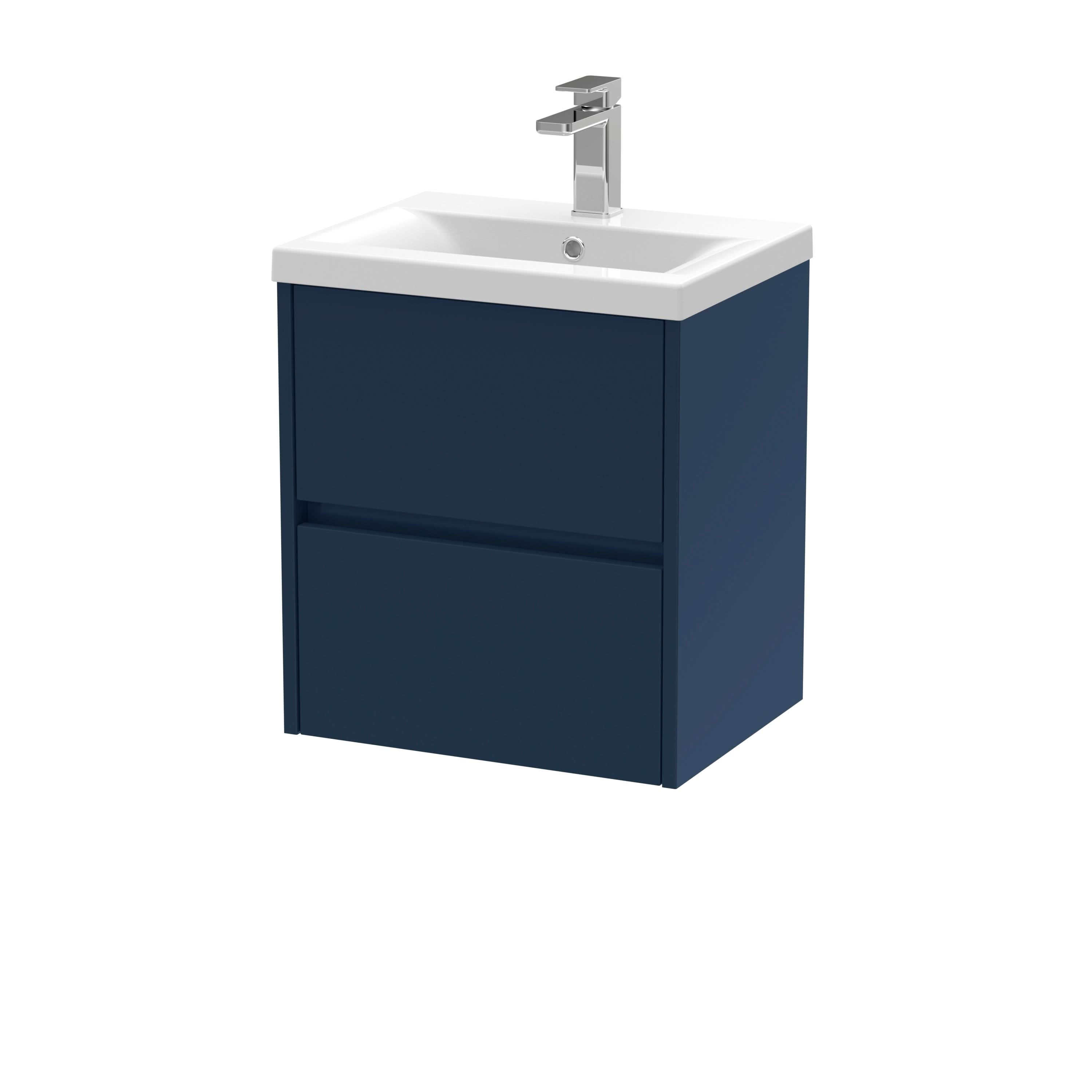 Nuie Havana Wall Hung 2-Drawer Unit & Mid-Edge Ceramic Basin, Modern Sink Vanity Unit in Midnight Blue with White Basin, 500mm