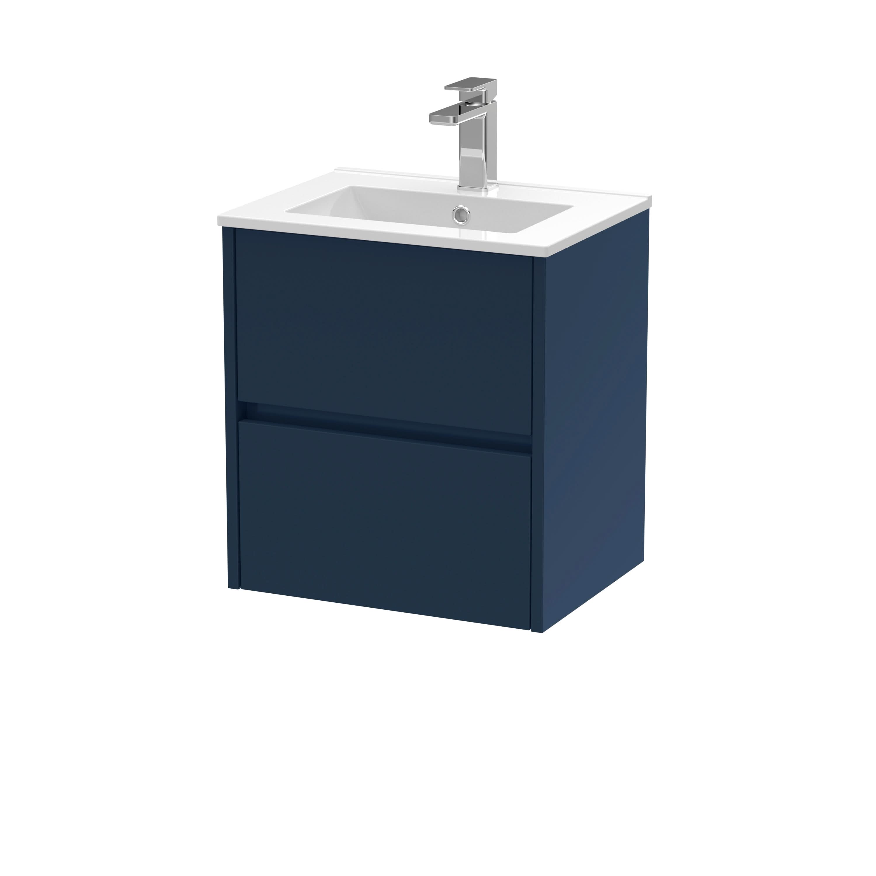 Nuie Havana Wall Hung 2-Drawer Unit & Minimalist Ceramic Basin, Modern Sink Vanity Unit in Midnight Blue with White Basin, 500mm