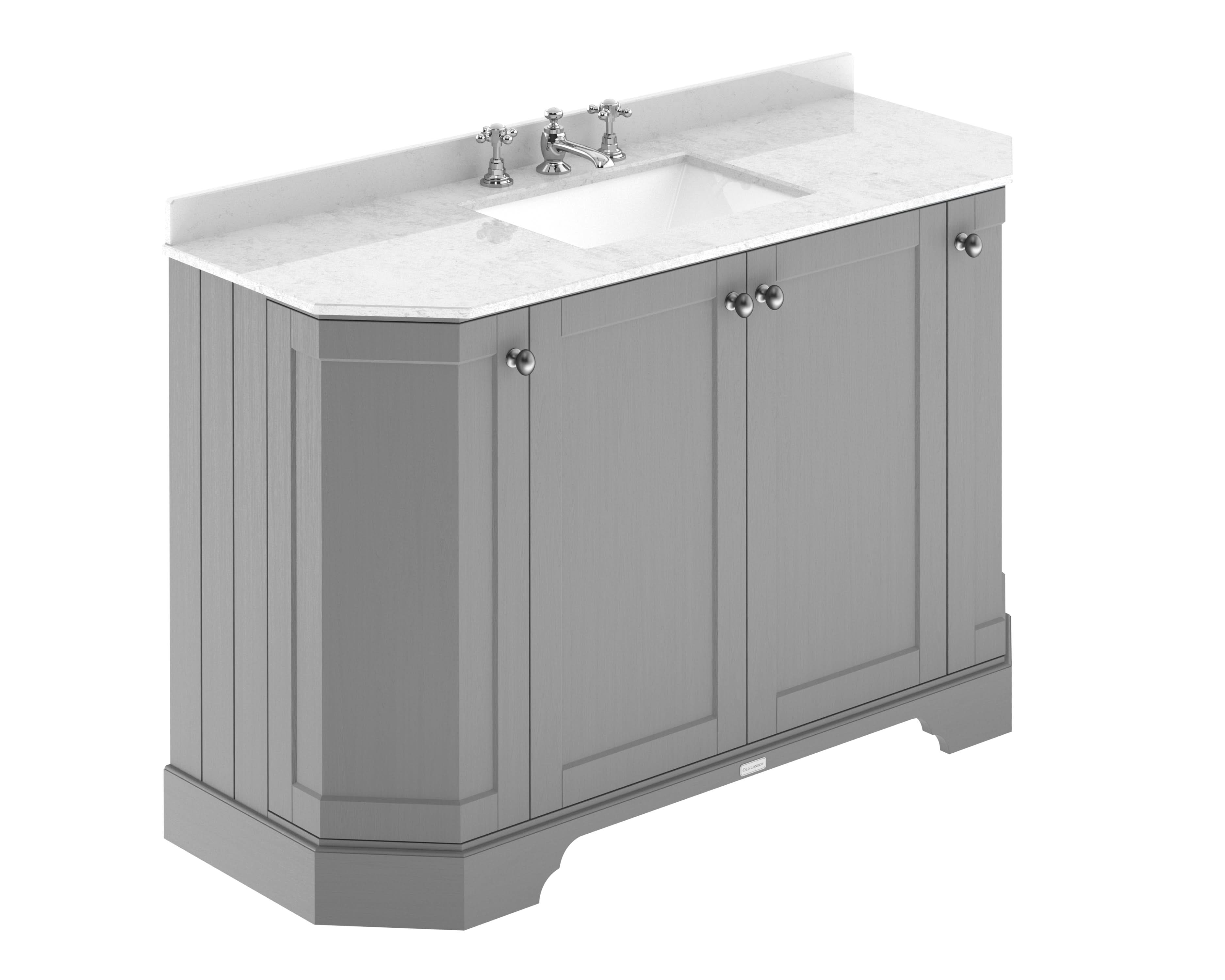 Old London Floor Standing Vanity Unit with Basin, 4 Door Angled Design, White Marble Top, 3 Tap Hole, Traditional Bathroom Sink Vanity Unit in Storm Grey, 1200mm