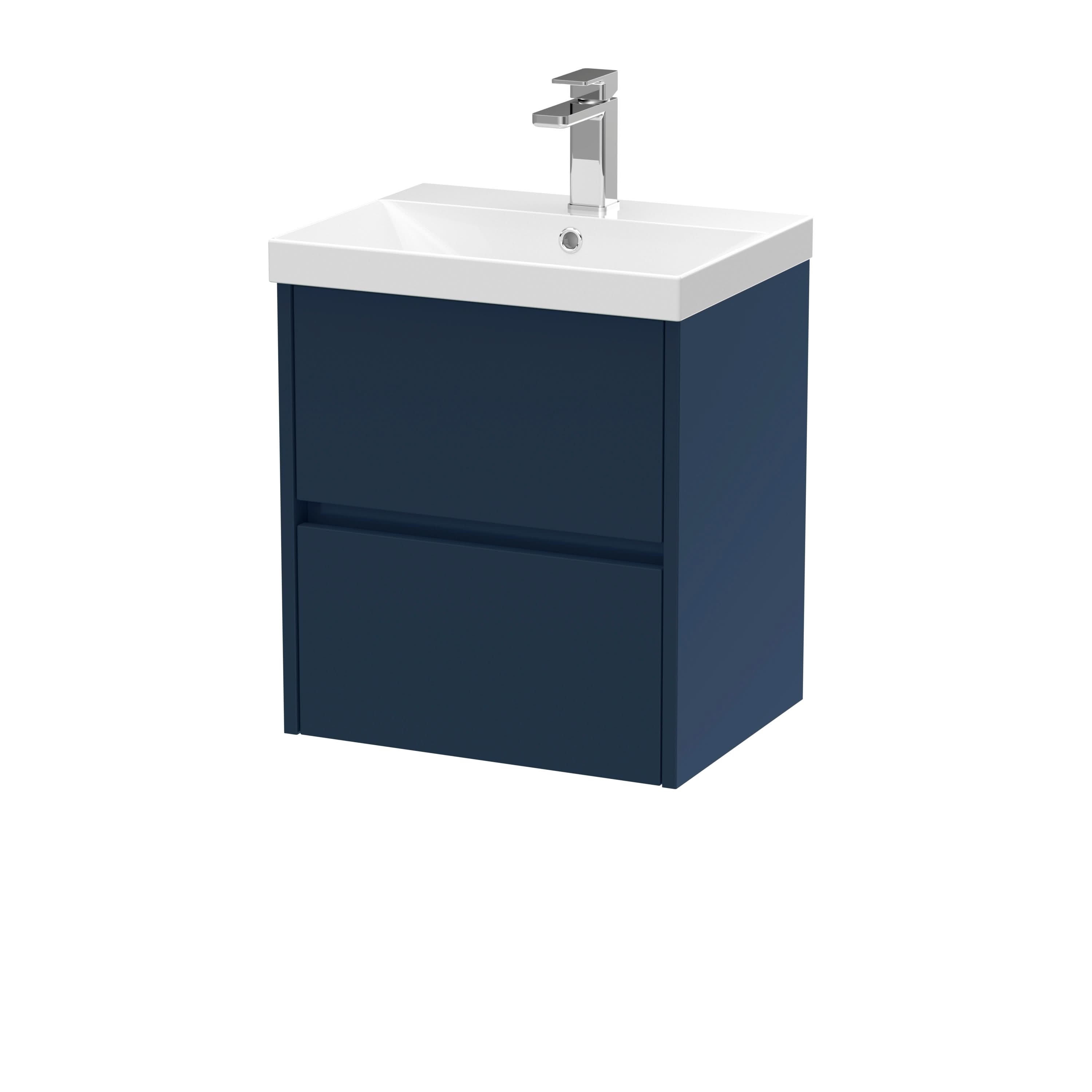 Nuie Havana Wall Hung 2-Drawer Unit & Thin-Edge Ceramic Basin, Modern Sink Vanity Unit in Midnight Blue with White Basin, 500mm