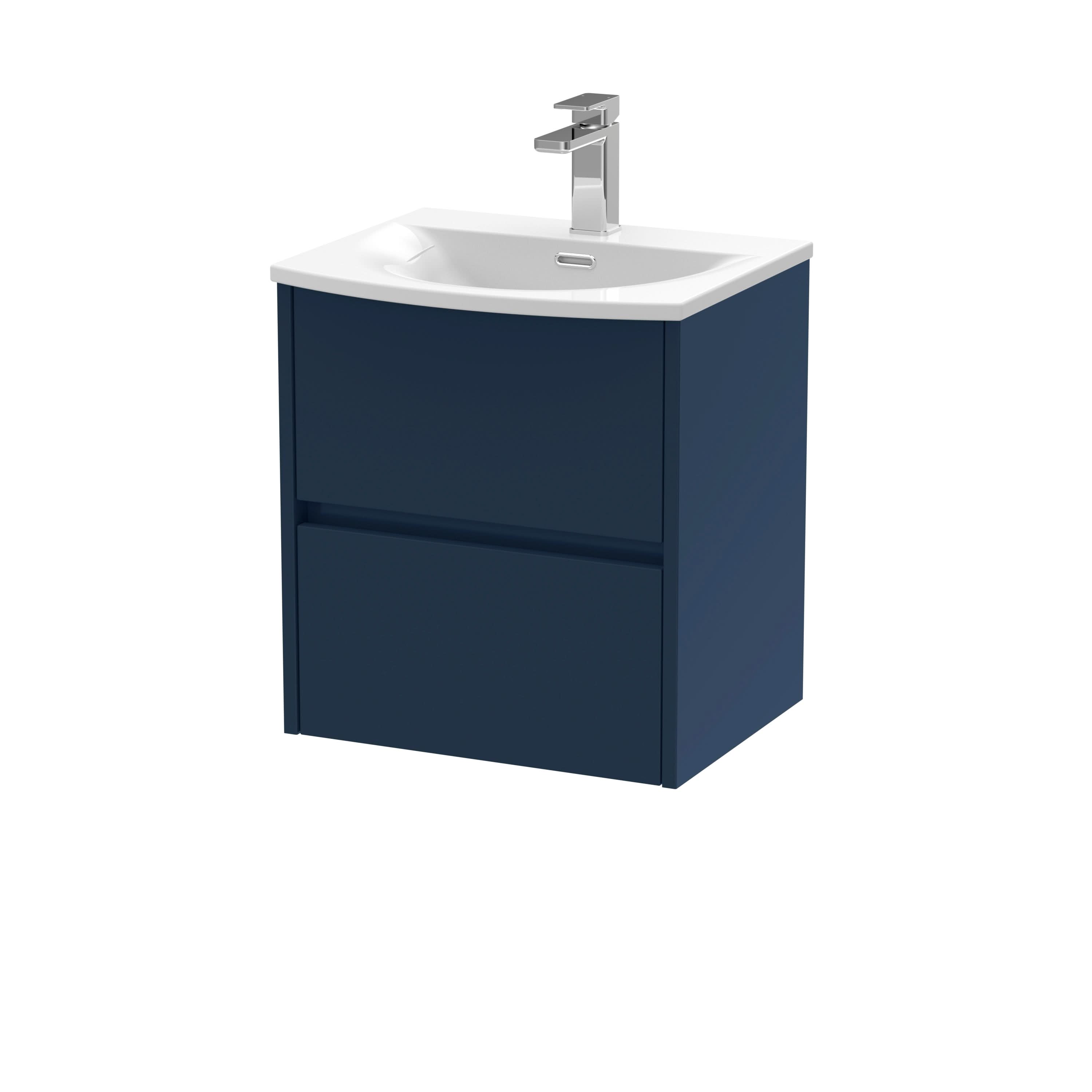 Nuie Havana Wall Hung 2-Drawer Unit & Curved Ceramic Basin, Modern Sink Vanity Unit in Midnight Blue with White Basin, 500mm