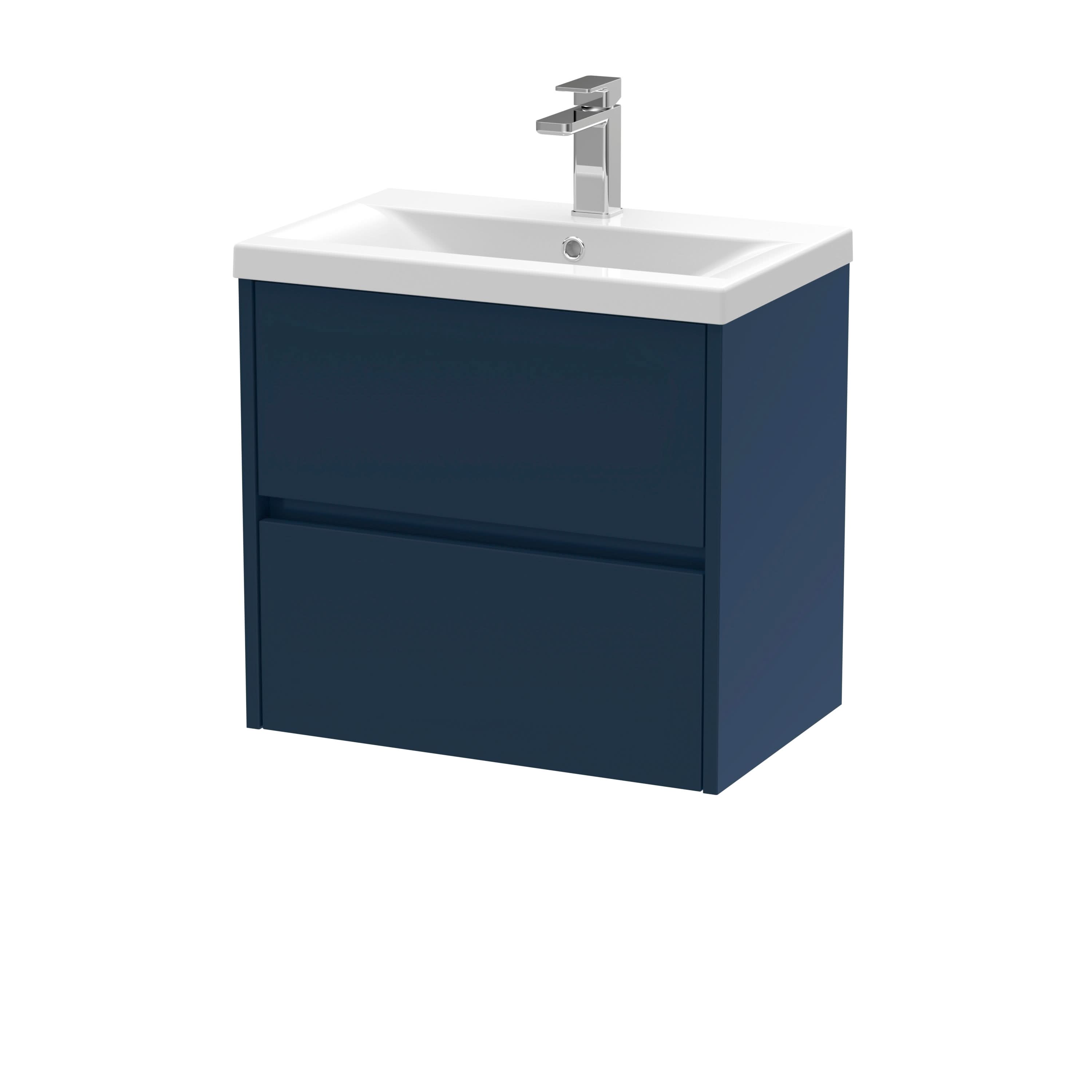 Nuie Havana Wall Hung 2-Drawer Unit & Mid-Edge Ceramic Basin, Modern Sink Vanity Unit in Midnight Blue with White Basin, 600mm