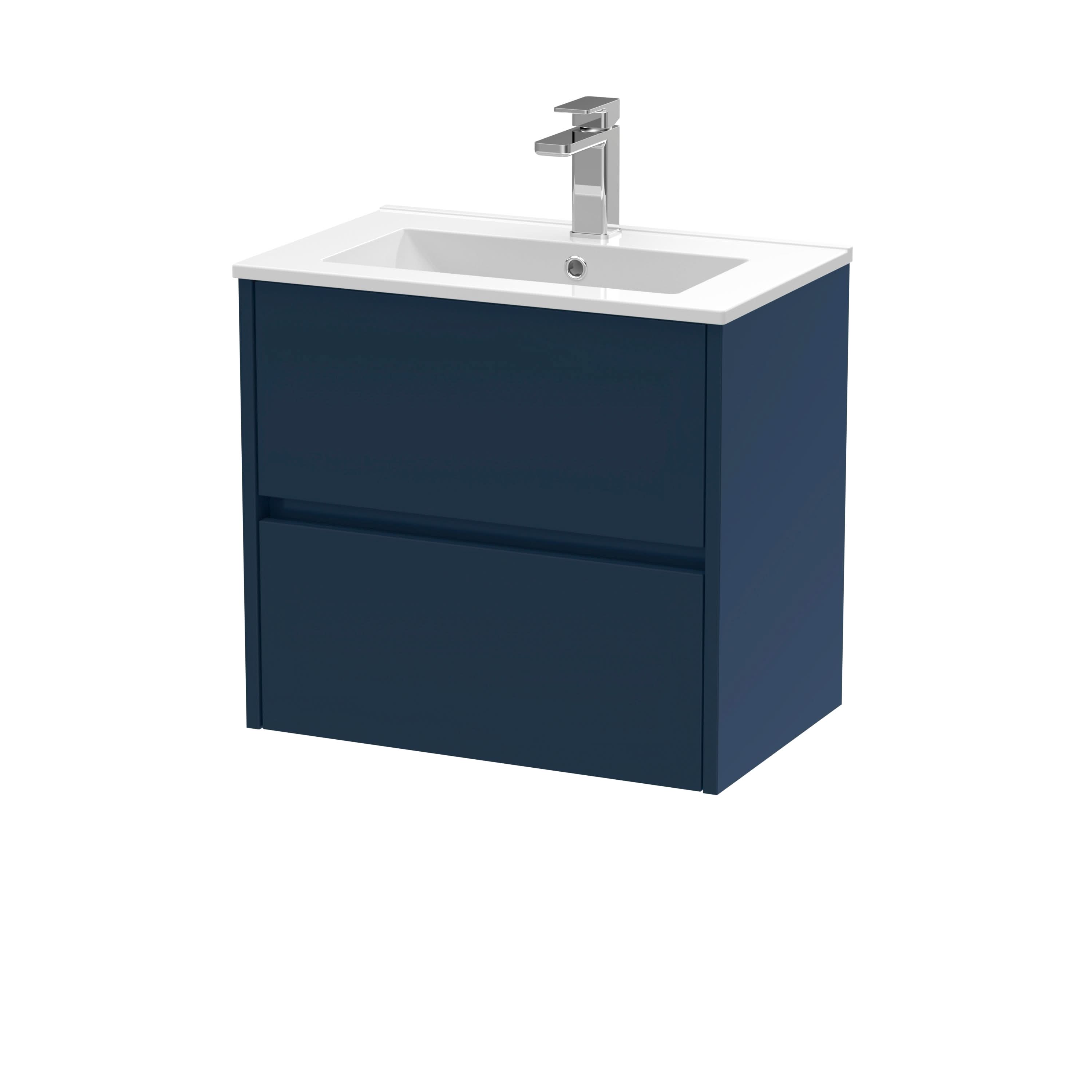 Nuie Havana Wall Hung 2-Drawer Unit & Minimalist Ceramic Basin, Modern Sink Vanity Unit in Midnight Blue with White Basin, 600mm