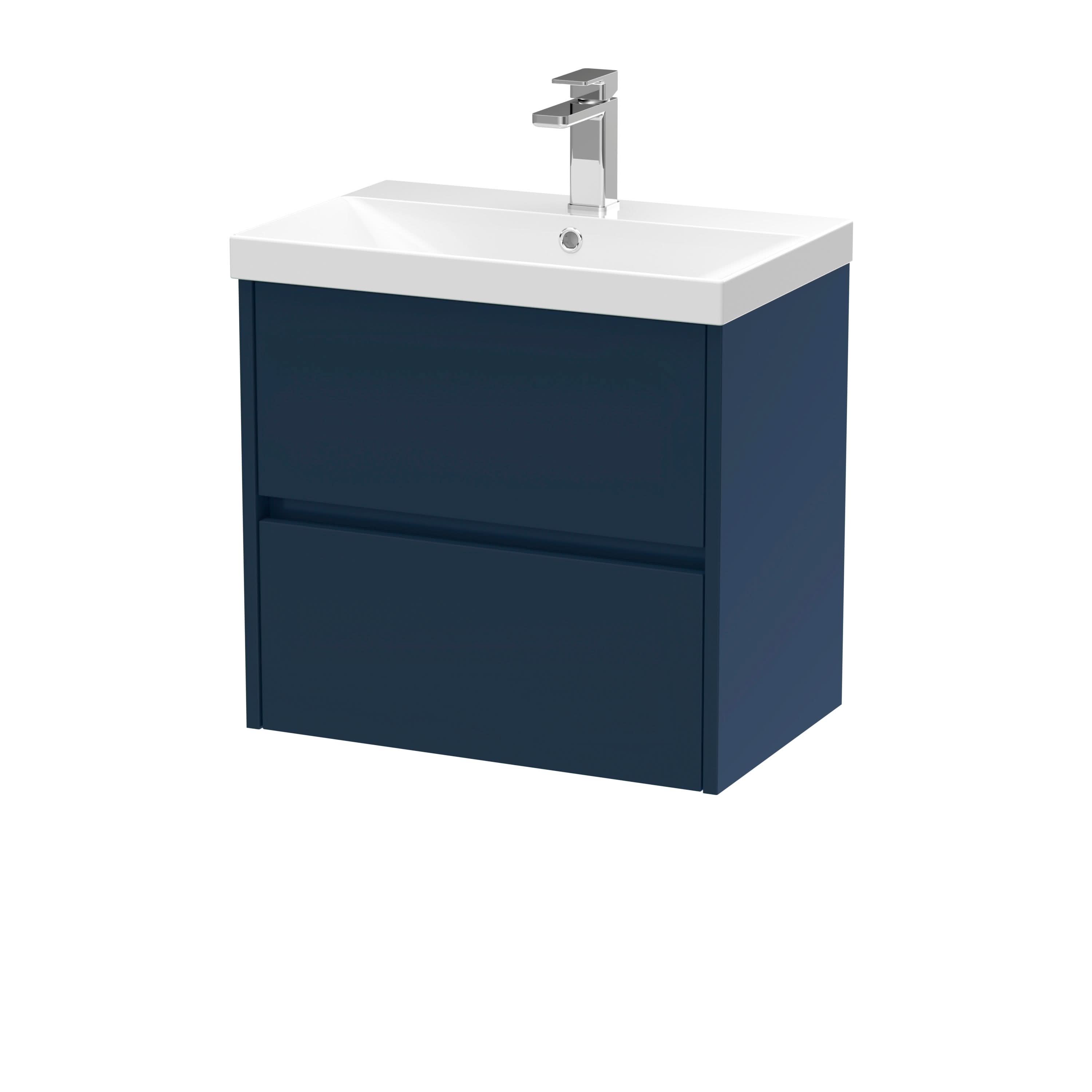 Nuie Havana Wall Hung 2-Drawer Unit & Thin-Edge Ceramic Basin, Modern Sink Vanity Unit in Midnight Blue with White Basin, 600mm