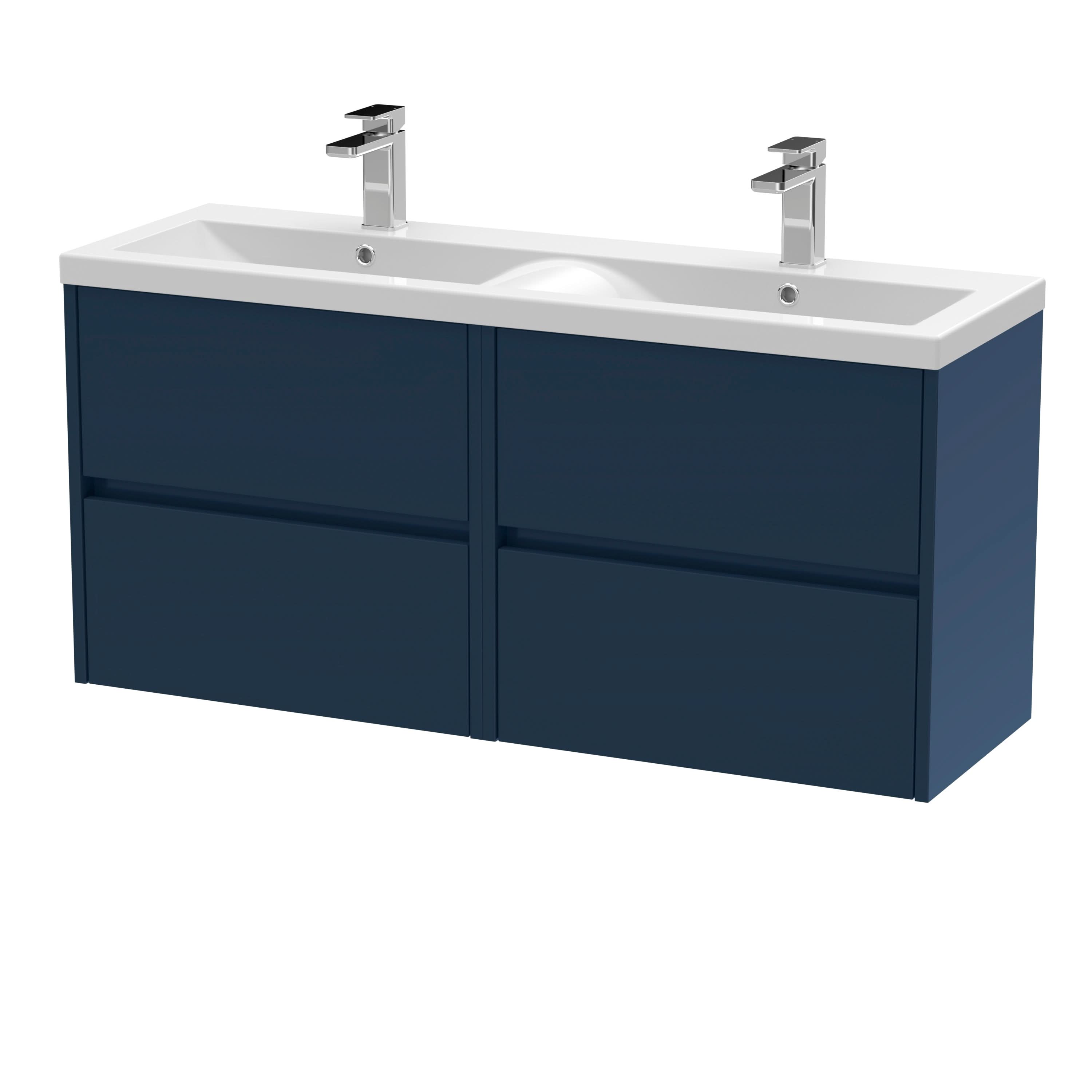 Nuie Havana Wall Hung 4-Drawer Unit & Double Ceramic Basin, Modern Sink Vanity Unit in Midnight Blue with White Basin, 1200mm
