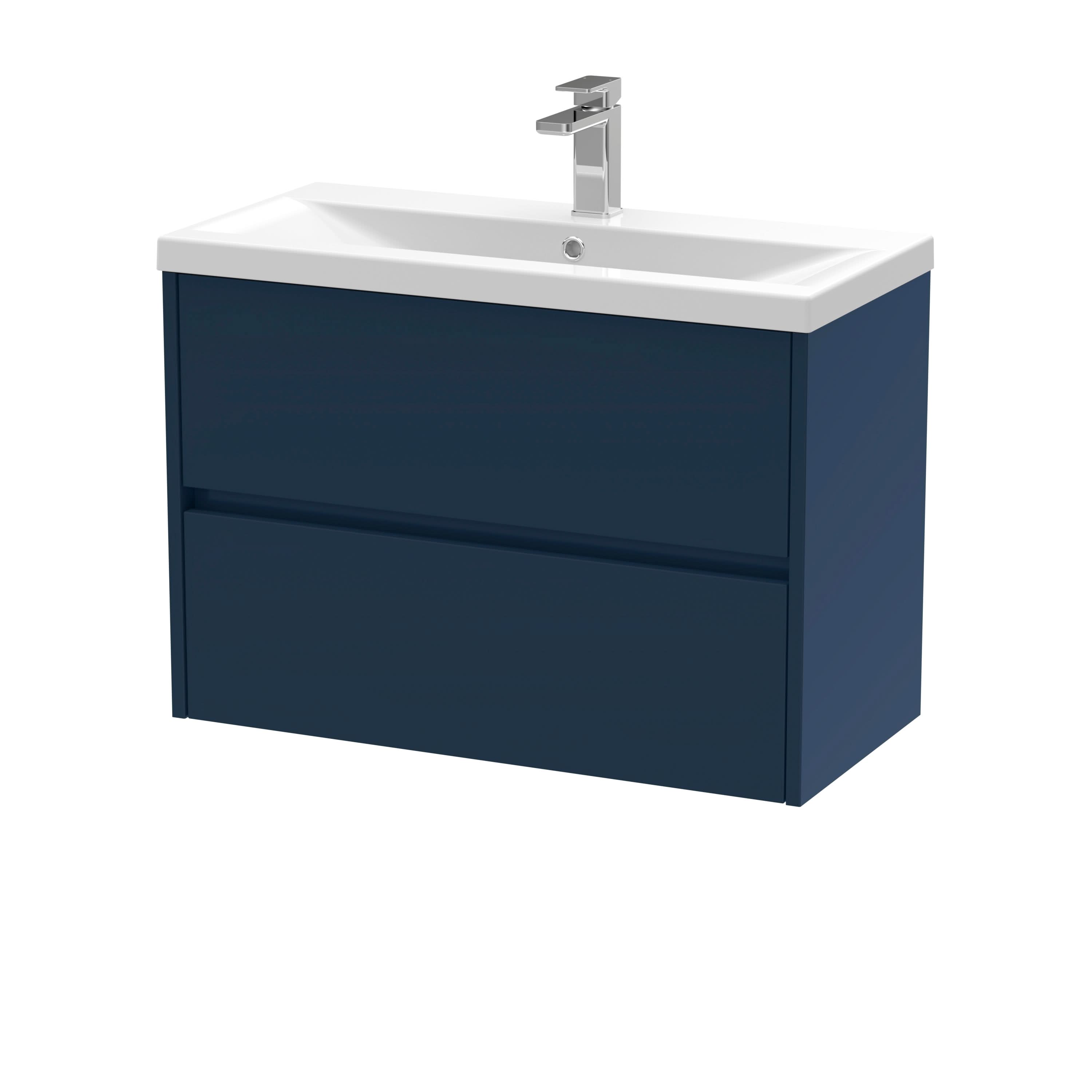 Nuie Havana Wall Hung 2-Drawer Unit & Mid-Edge Ceramic Basin, Modern Sink Vanity Unit in Midnight Blue with White Basin, 800mm