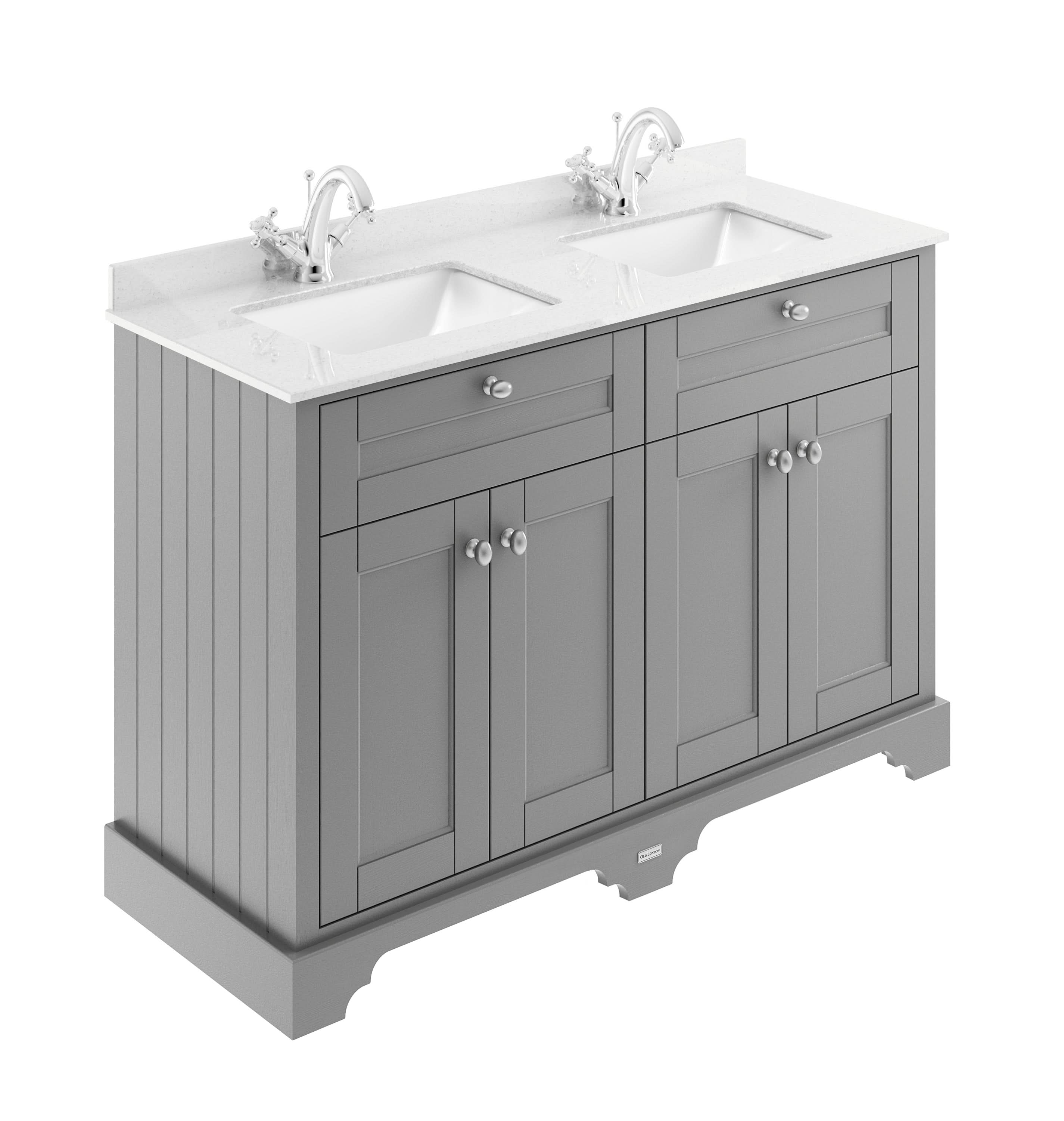 Old London Floor Standing 4 Door Vanity Basin Unit with White Marble Top & Square 1 Tap Hole Basin Traditional Sink Vanity Unit in Bathroom in Storm Grey, 1200mm