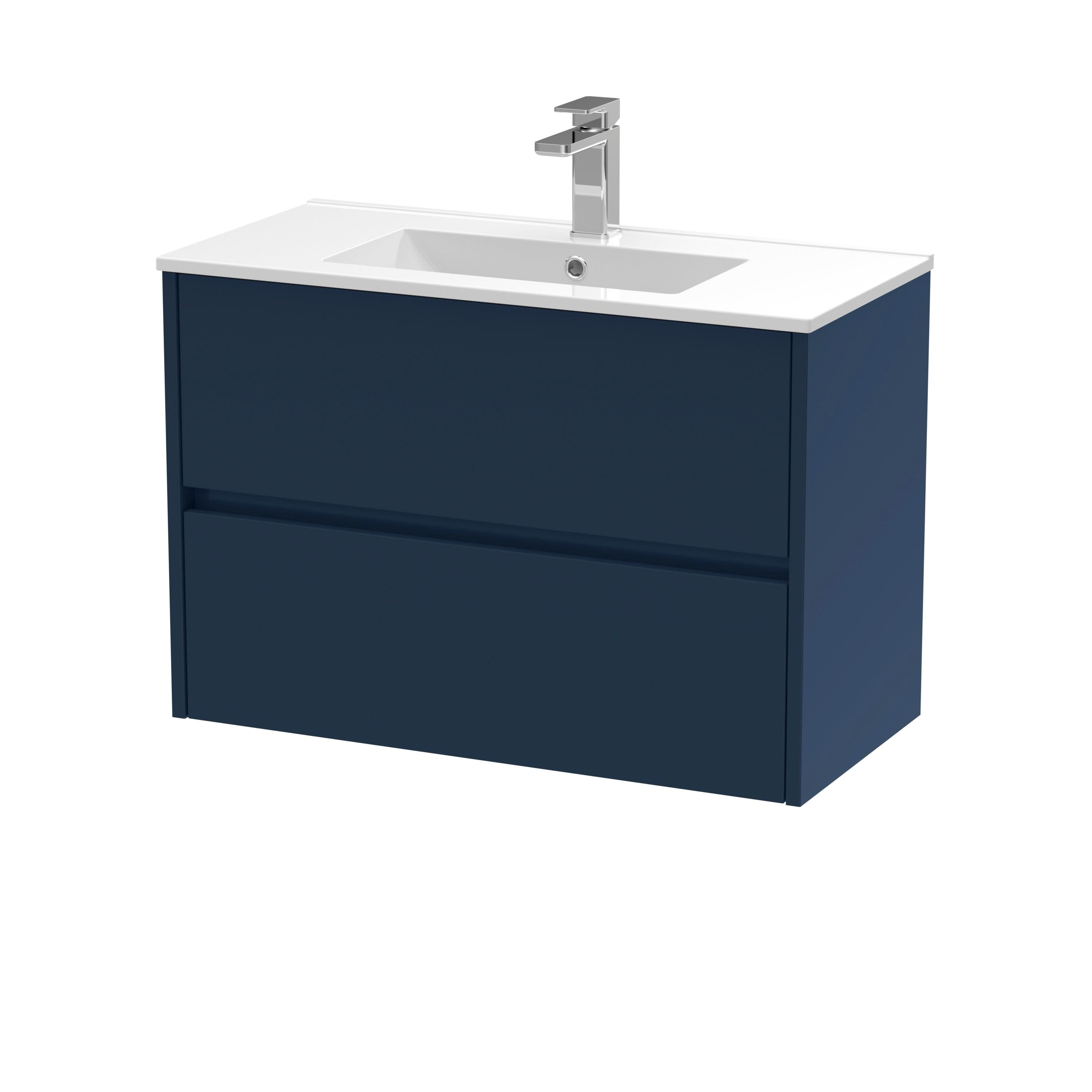 Nuie Havana Wall Hung 2-Drawer Unit & Minimalist Ceramic Basin, Modern Sink Vanity Unit in Midnight Blue with White Basin, 800mm