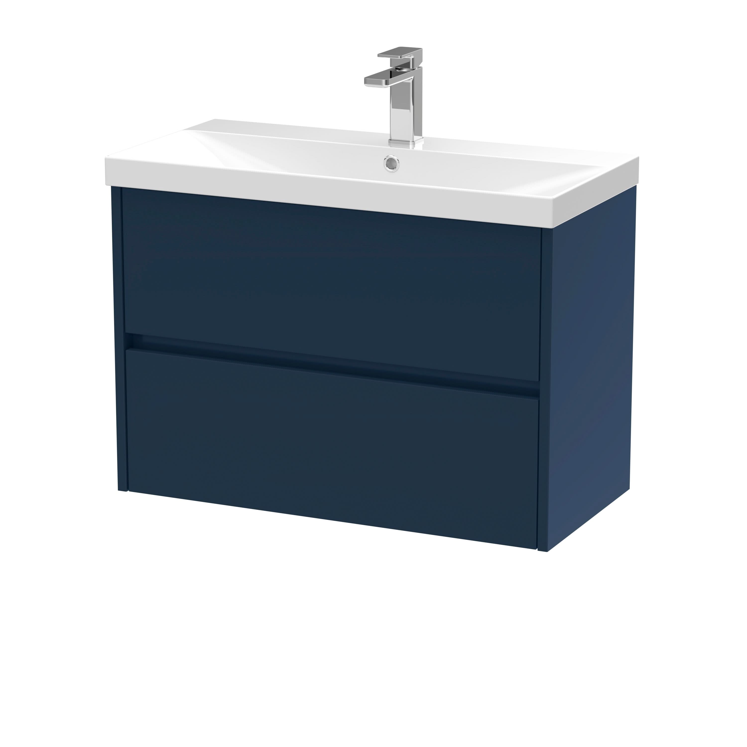 Nuie Havana Wall Hung 2-Drawer Unit & Thin-Edge Ceramic Basin, Modern Sink Vanity Unit in Midnight Blue with White Basin, 800mm