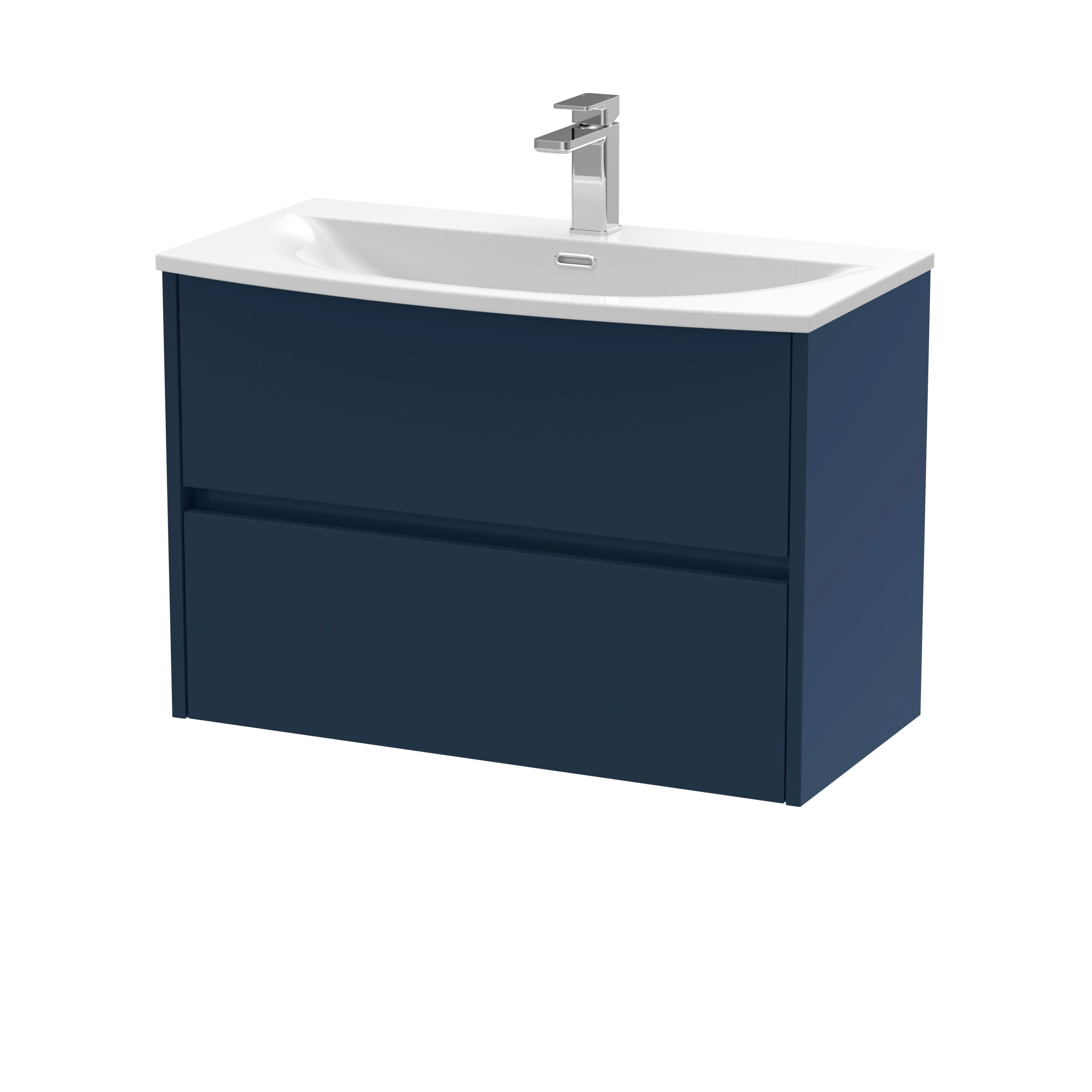 Nuie Havana Wall Hung 2-Drawer Unit & Curved Ceramic Basin, Modern Sink Vanity Unit in Midnight Blue with White Basin, 800mm
