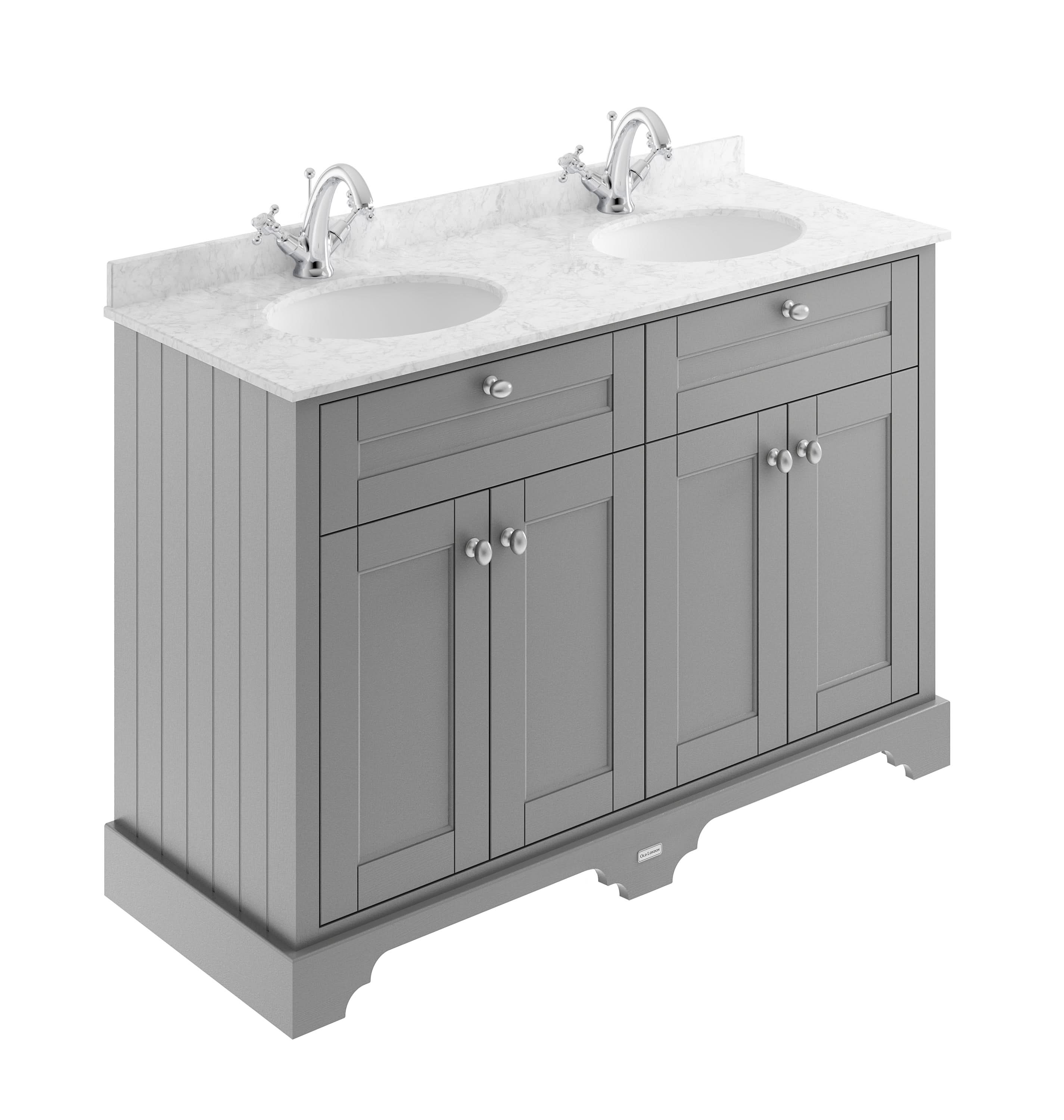 Old London Floor Standing 4 Door Vanity Unit with Grey Marble Double Basin 1 Tap Hole, Traditional Sink Vanity Unit for Bathroom Storage in Storm Grey, 1200mm