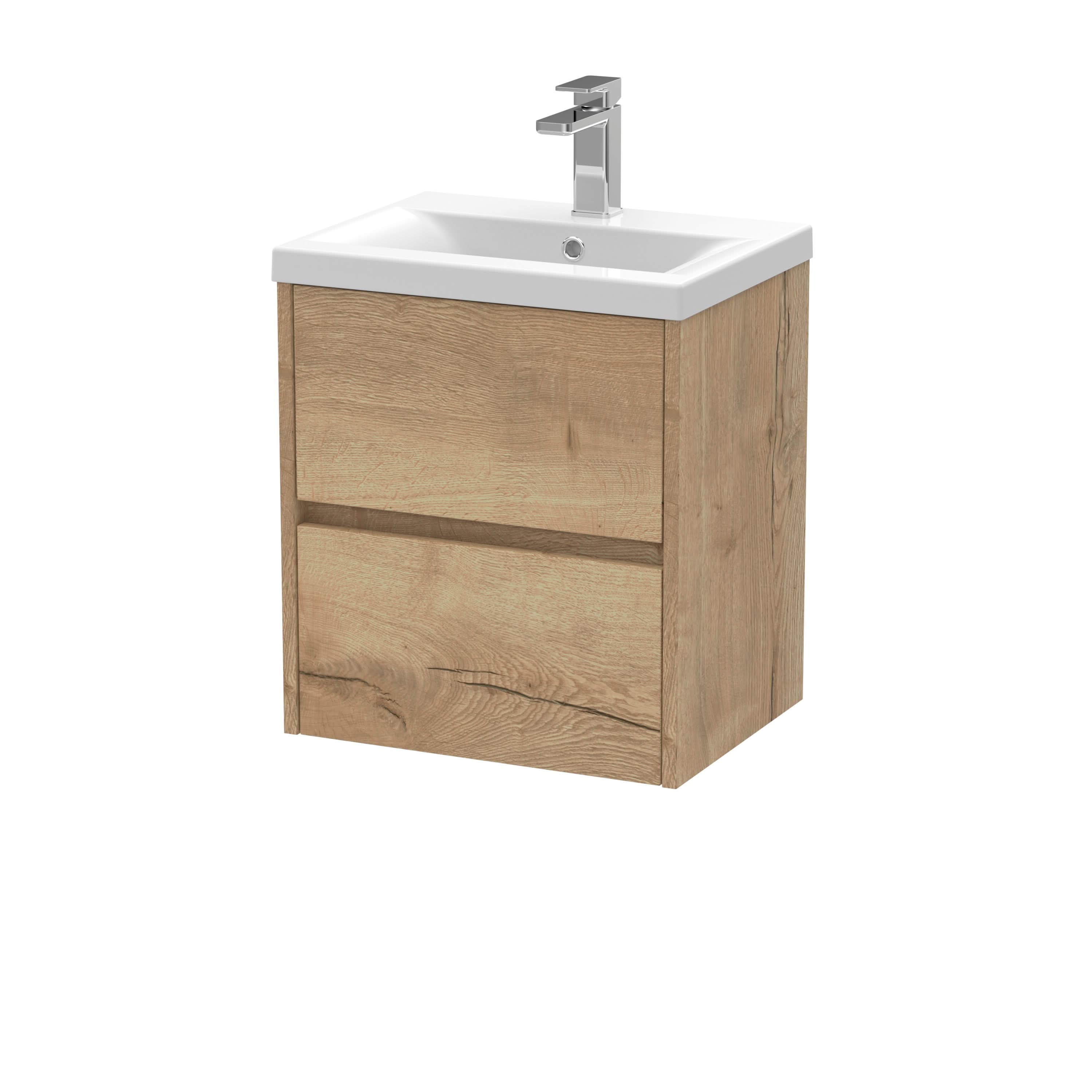 Nuie Havana Wall Hung 2 Drawer Vanity Basin Unit & Mid-Edge Ceramic Basin, Modern Sink Vanity Unit in Autumn Oak with White Basin, 500mm