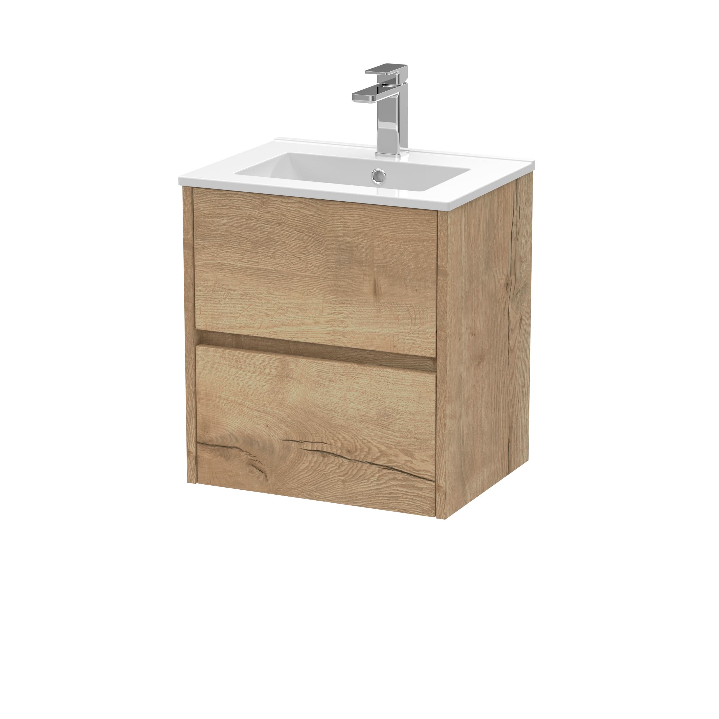 Nuie Havana Wall Hung 2 Drawer Vanity Basin Unit & Minimalist Ceramic Basin, Modern Sink Vanity Unit in Autumn Oak with White Basin, 500mm