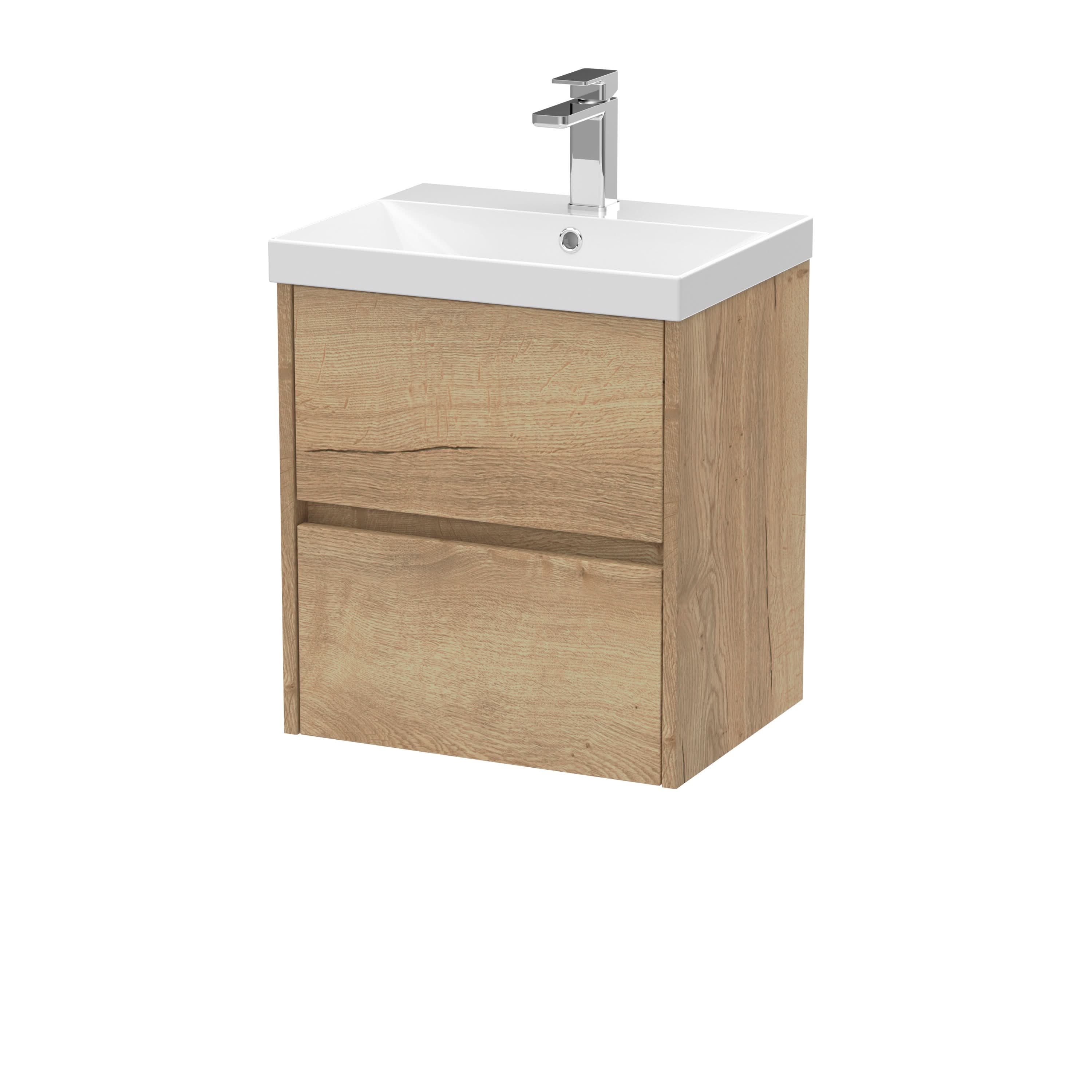 Nuie Havana Wall Hung 2 Drawer Vanity Basin Unit & Thin-Edge Ceramic Basin, Modern Sink Vanity Unit in Autumn Oak with White Basin, 500mm