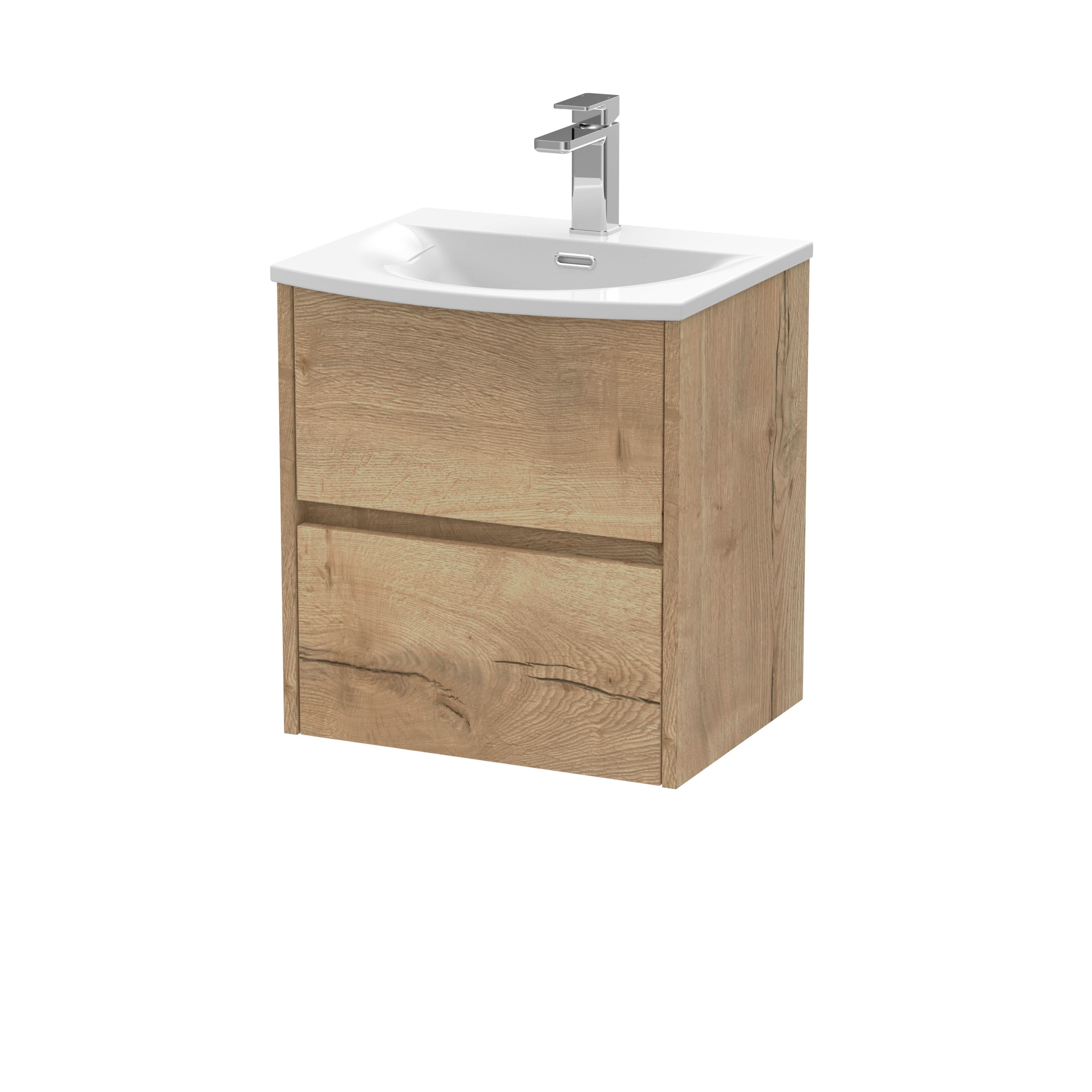 Nuie Havana Wall Hung 2 Drawer Vanity Basin Unit & Curved Ceramic Basin, Modern Sink Vanity Unit in Autumn Oak with White Basin, 500mm
