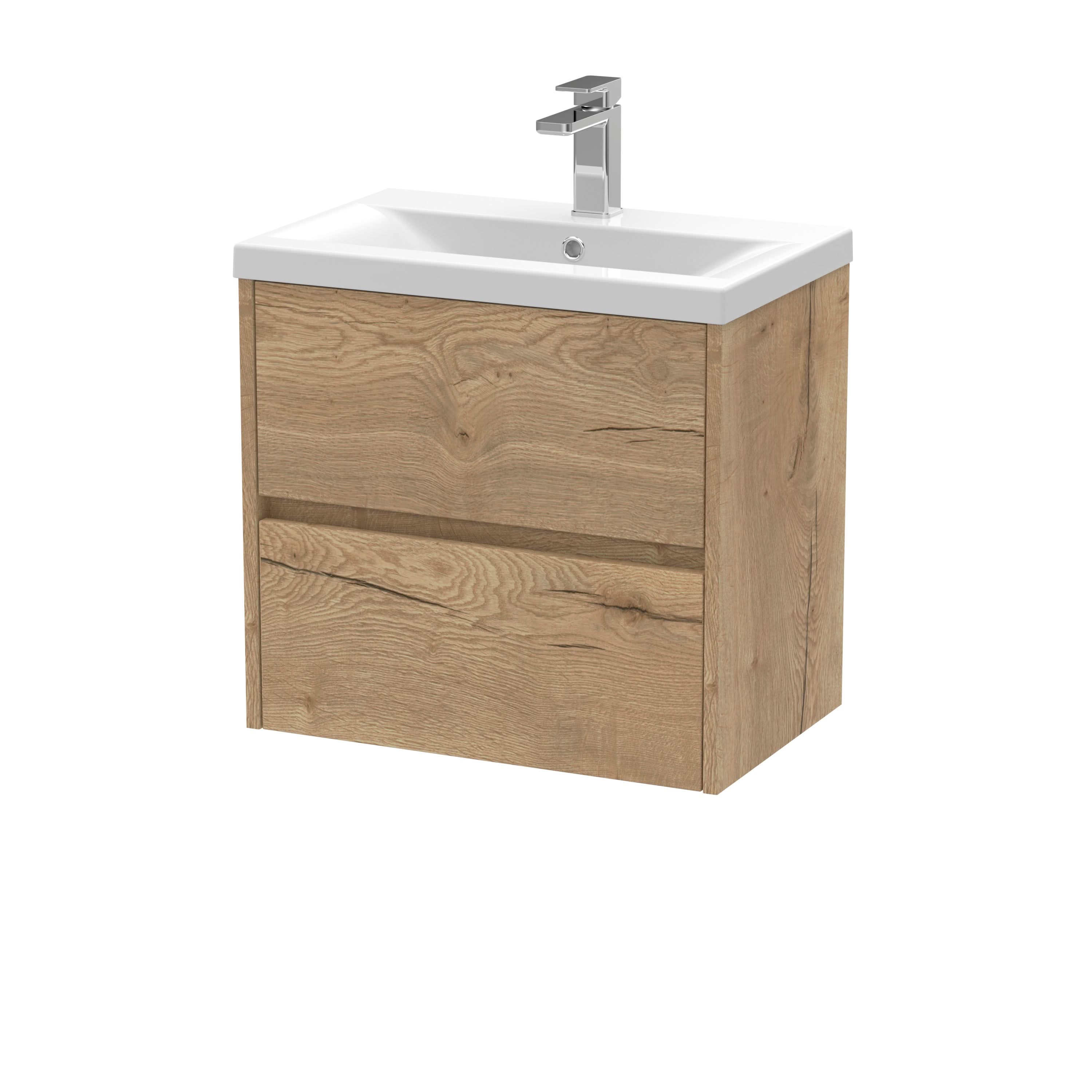 Nuie Havana Wall Hung 2 Drawer Vanity Basin Unit & Mid-Edge Ceramic Basin, Modern Sink Vanity Unit in Autumn Oak with White Basin, 600mm