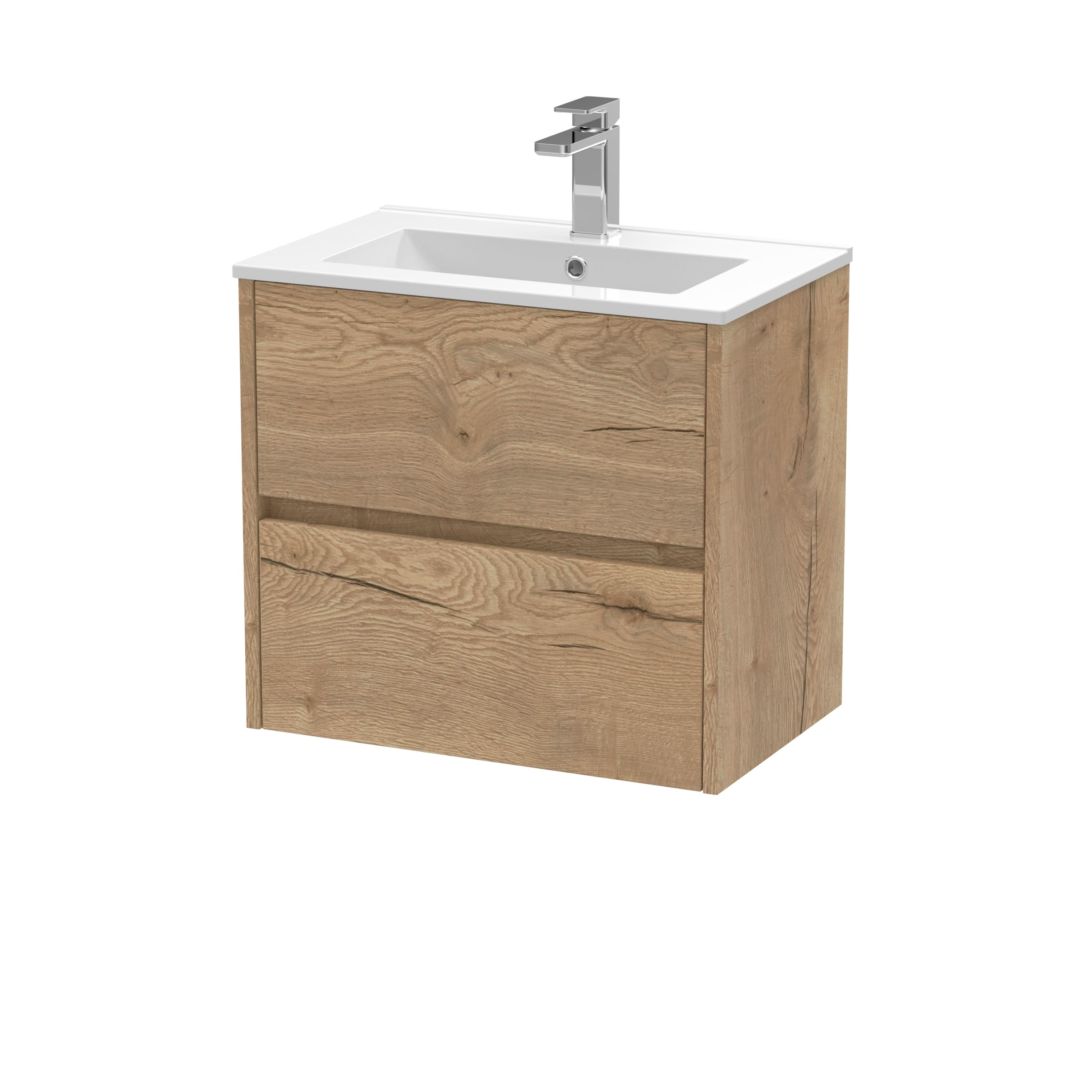 Nuie Havana Wall Hung 2 Drawer Vanity Basin Unit & Minimalist Ceramic Basin, Modern Sink Vanity Unit in Autumn Oak with White Basin, 600mm