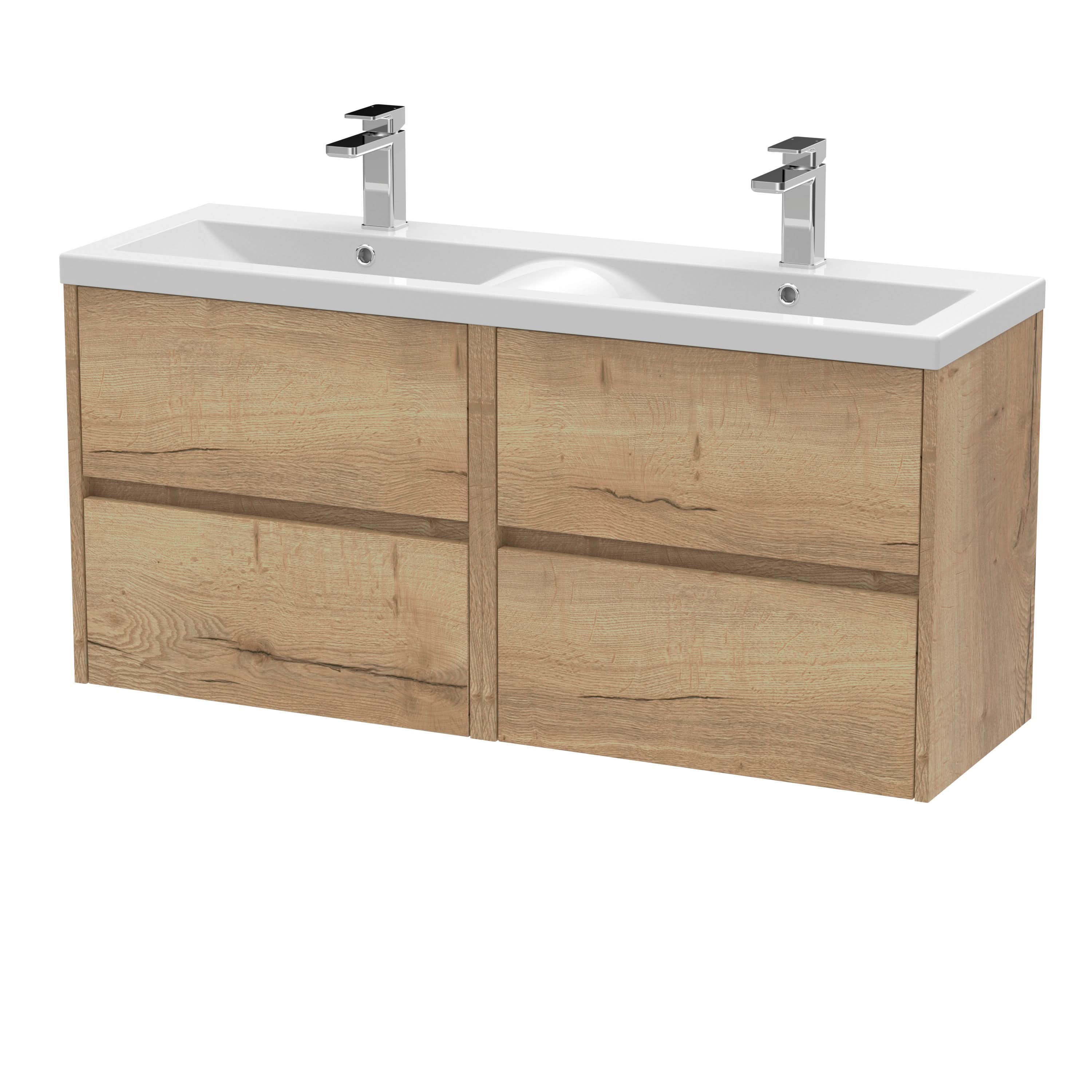 Nuie Havana Wall Hung 4 Drawer Vanity Basin Unit & Double Ceramic Basin, Modern Sink Vanity Unit in Autumn Oak with White Basin, 1200mm