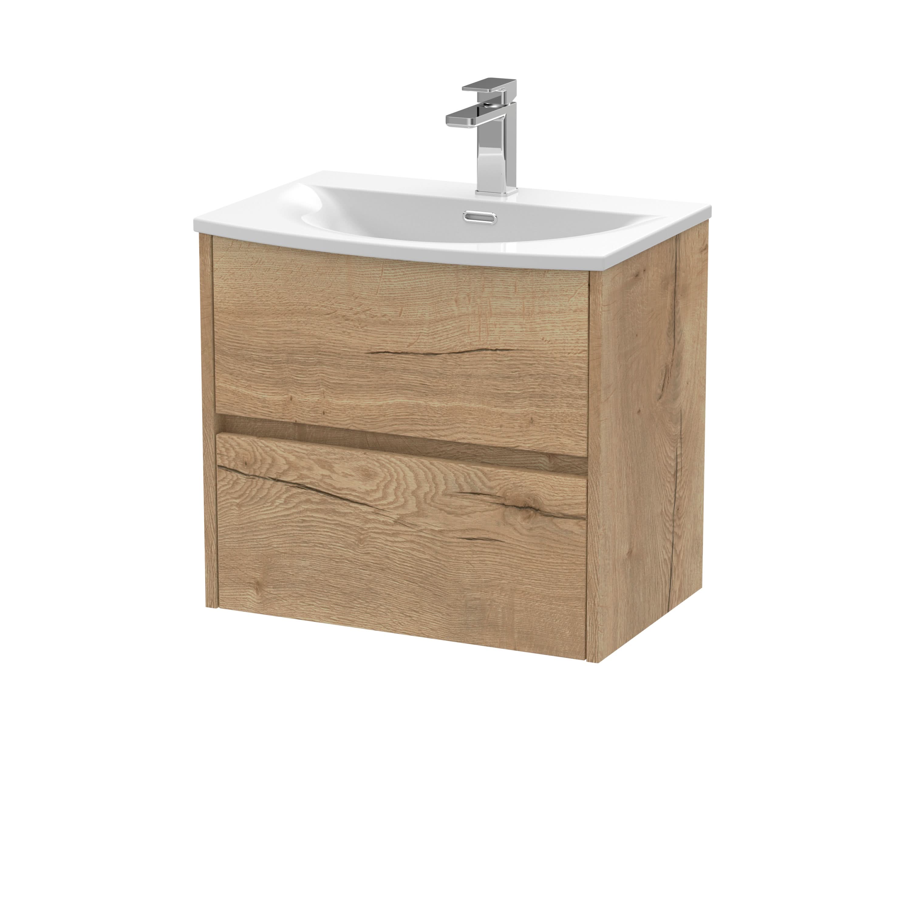 Nuie Havana Wall Hung 2 Drawer Vanity Basin Unit & Curved Ceramic Basin, Modern Sink Vanity Unit in Autumn Oak with White Basin, 600mm