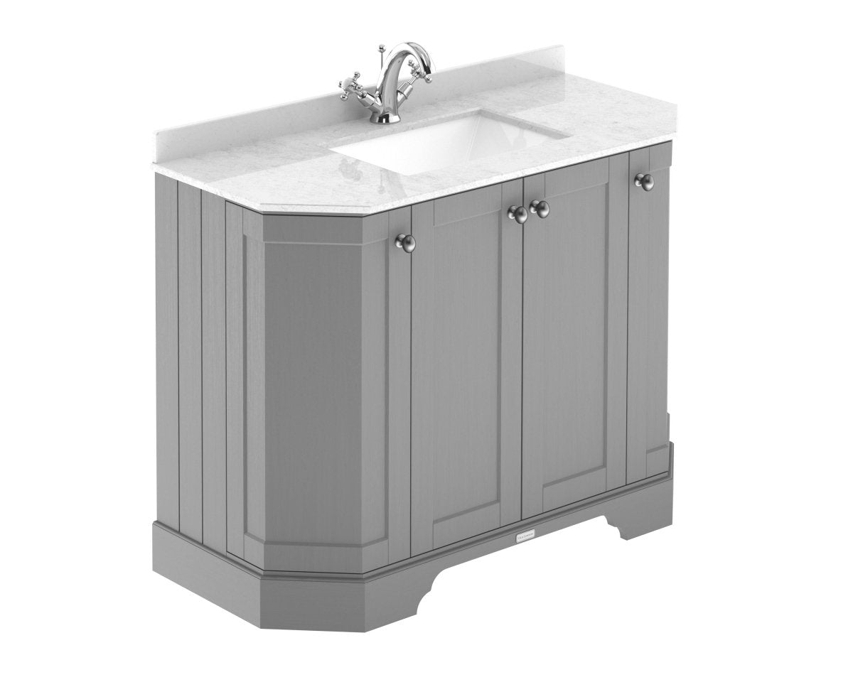 Old London Floor Standing Vanity Unit with Basin with 4 Door Angled Design, 1 Tap Hole, White Marble Top, Bathroom Sink Vanity Unit in Storm Grey, 1000mm