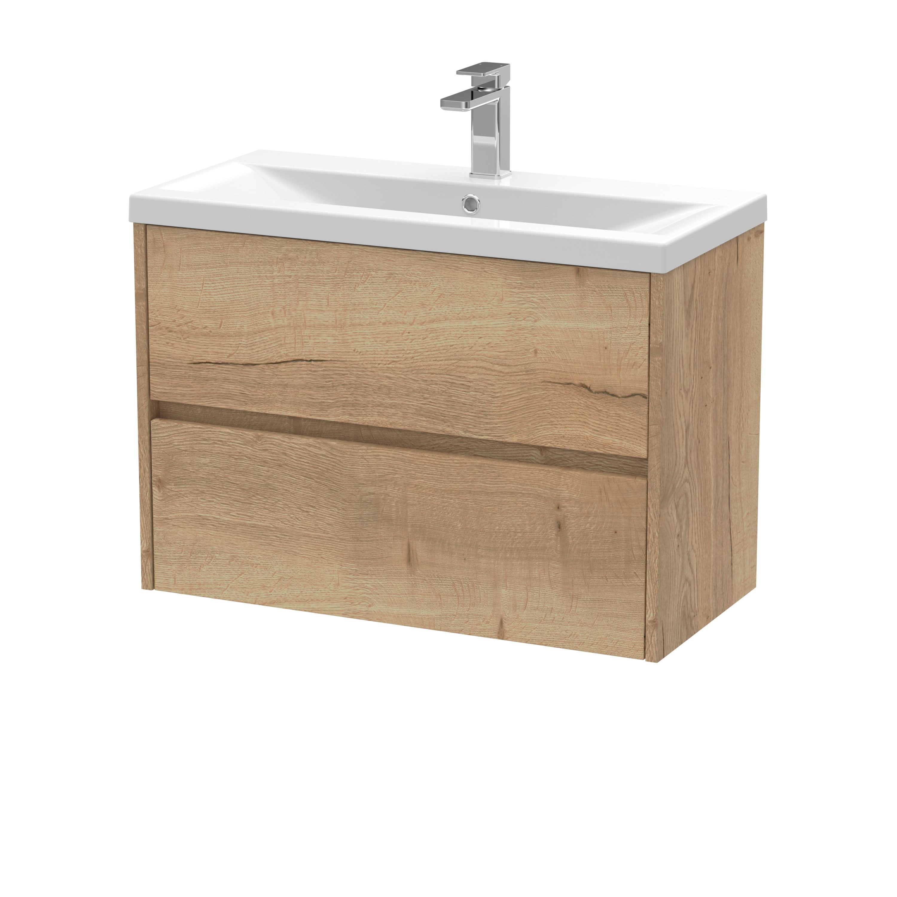 Nuie Havana Wall Hung 2 Drawer Vanity Basin Unit & Mid-Edge Ceramic Basin, Modern Sink Vanity Unit in Autumn Oak with White Basin, 800mm